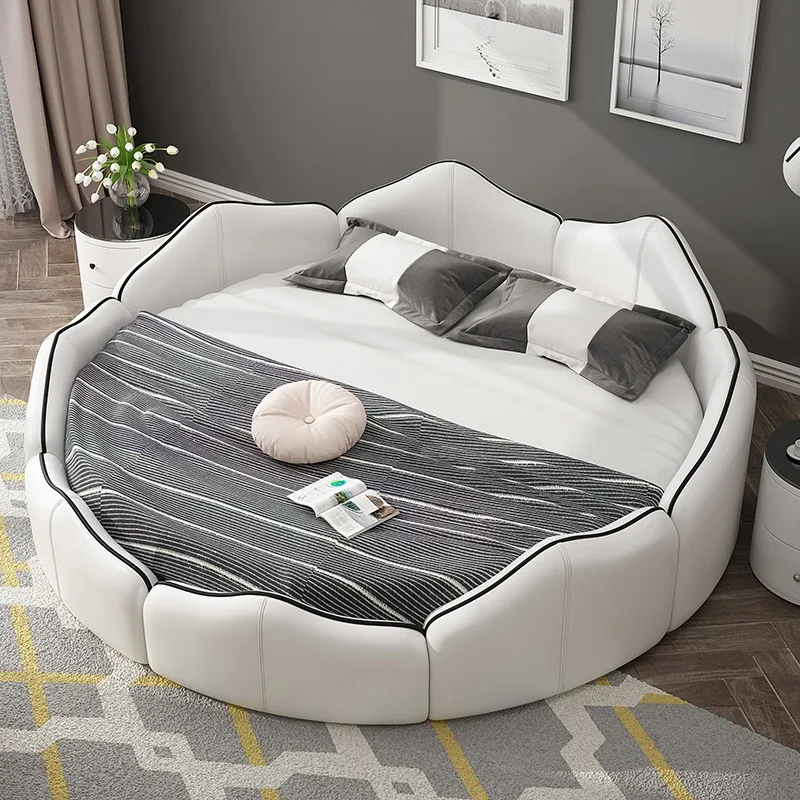 Luxuriöses Doppelbett, modernes Möbelstück für Schlafzimmer, Kopfteil, weißes Doppelbett, Kingsize-Bett, 200 x 200, Regale, Dekoration