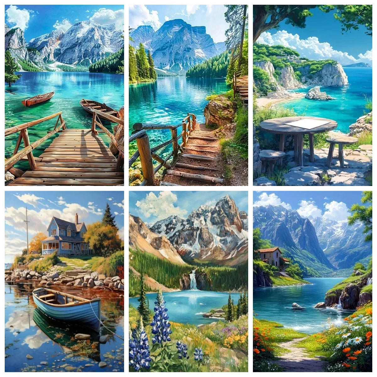 Ölgemälde nach Zahlen: Meereslandschaft, farbenfrohe Malerei auf Leinwand, Kunstset, Meer, Haus, Berge, einzigartiges Geschenk