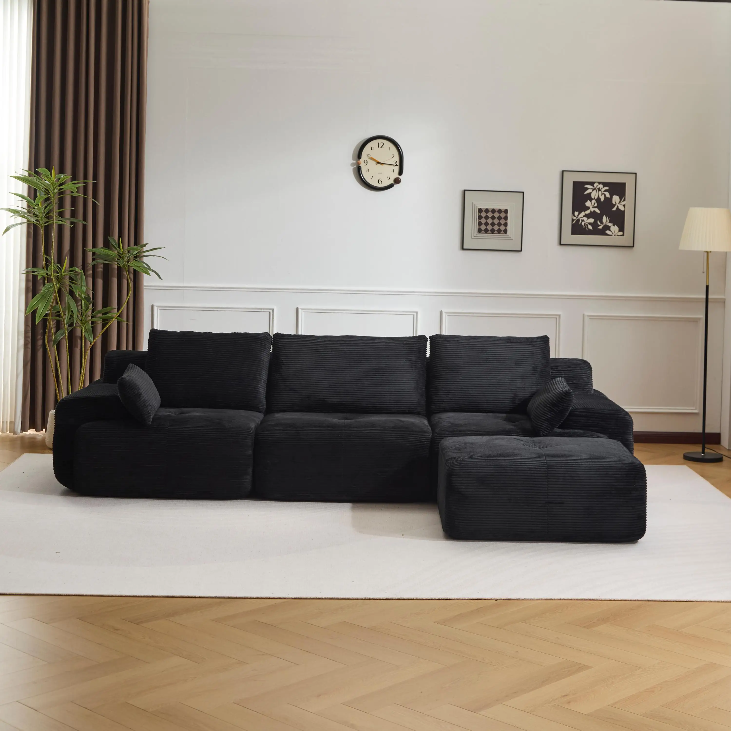 Schwarzes 3-Sitzer Kompressionssofa, Cord-Loveseat mit Kissen, Montagefreies Sofa, Freie Kombinationsmöglichkeit für Wohnzimmer