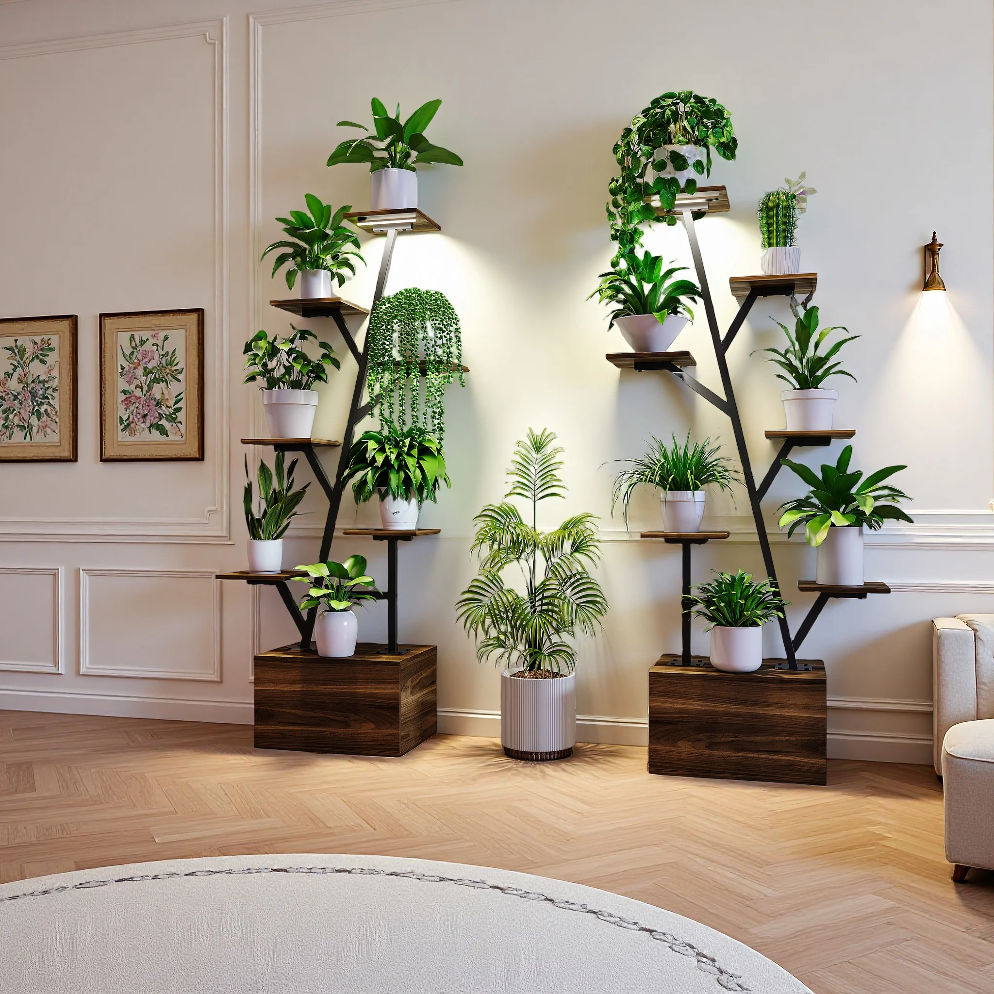 Comanlai Pflanzenständer für Innenräume mit Wachstumslichtern, Metall-Holz-Pflanzenregal, Innen- und Außen-Eckblumenregale, für Garten und Balkon Image