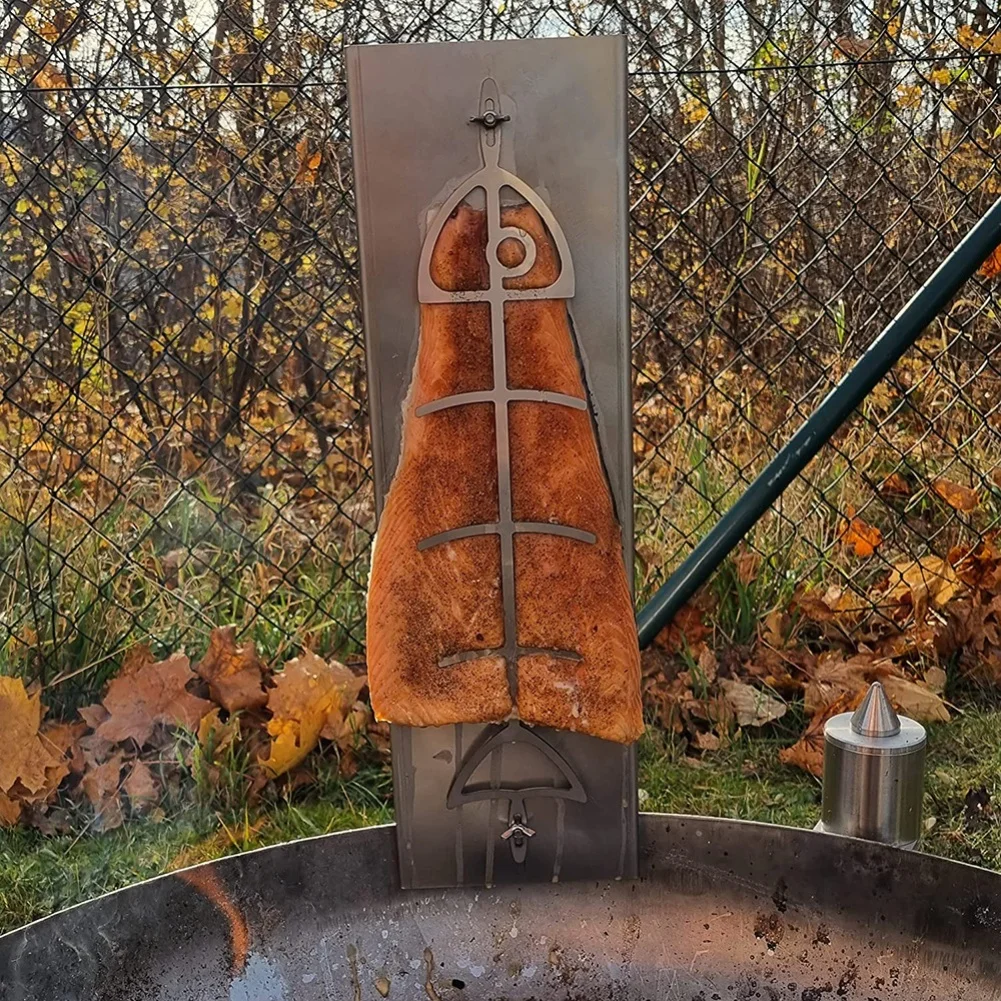 Edelstahl-Flammenlachsbrett 52*11,5*3cm Fischgrillhalter für Feuerschale und Kesselgrill, Dicke bis zu Weniger als 8mm Image