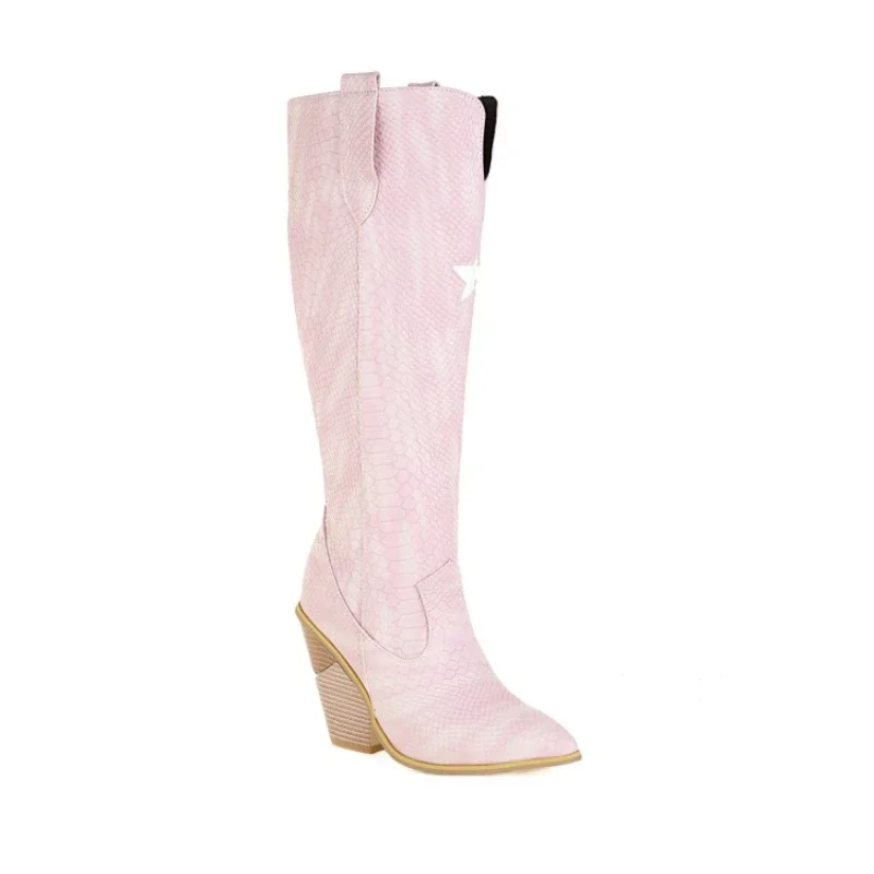 Größe 34-48 Frauen Pu Leder kniehohe Stiefel spitzen Zehen konischen Absatz Party Club Winter 9 Farben kurze Plüschs tiefel Damenschuhe