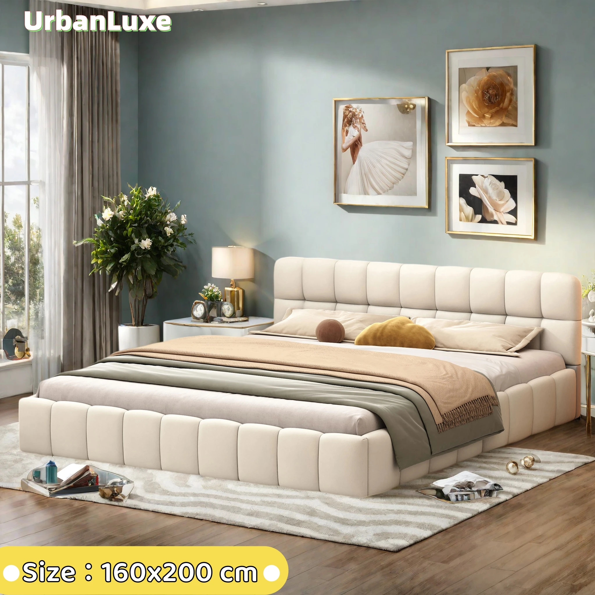 UrbanLuxe Doppelbett 160x200 cm, mit Lattenrost und Kopfteil, Spitzenbett, Gästebett, Bettgestell, Leinen, beige Image