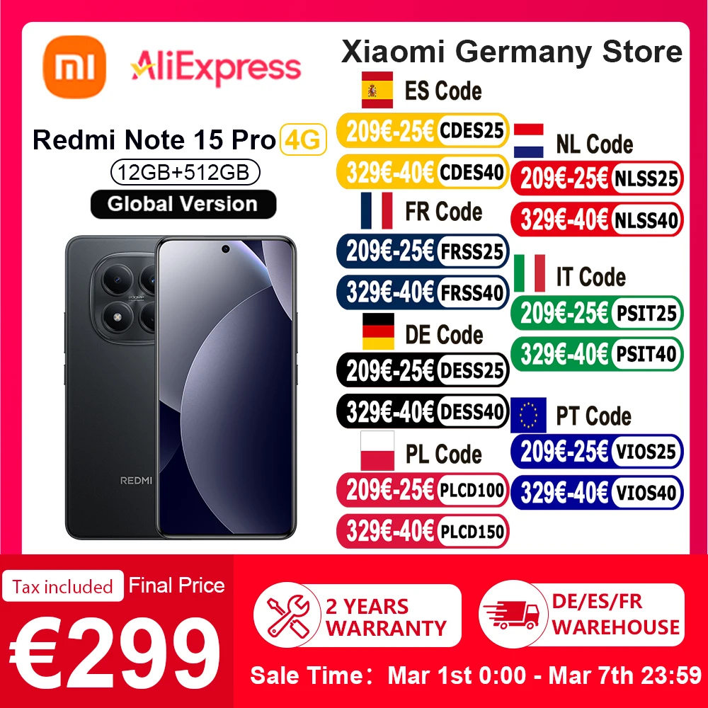 Globale Version Xiaomi REDMI Note 15 Pro 4G Smartphone 6,77 Zoll FHD 6500 mAh 45 W Turbo-Ladung 120 Hz 200 MP Hauptkamera IP65 NFC Image