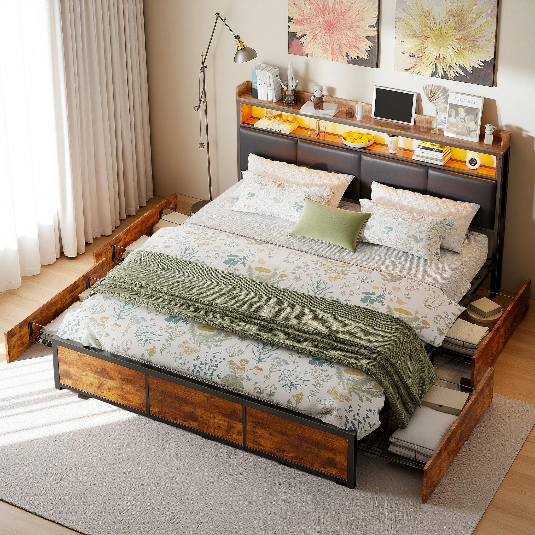 Doppelbett aus Metall, 180x200cm, mit Stauraum, ausgestattet mit LED und USB-Anschluss, mit 4 Schubladen und einem Fach Image