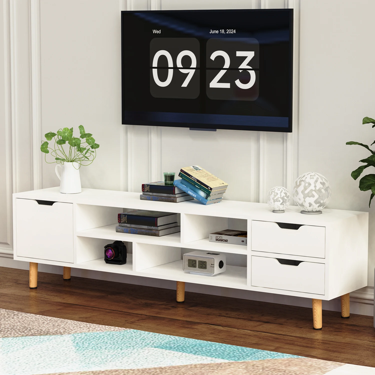 TV-Ständer 140 cm, Entertainment-Center mit verstellbarem Regal, TV-Schrank für 60-Zoll-Fernseher, Medienkonsolentisch mit 3 Schubladen, Weiß Image