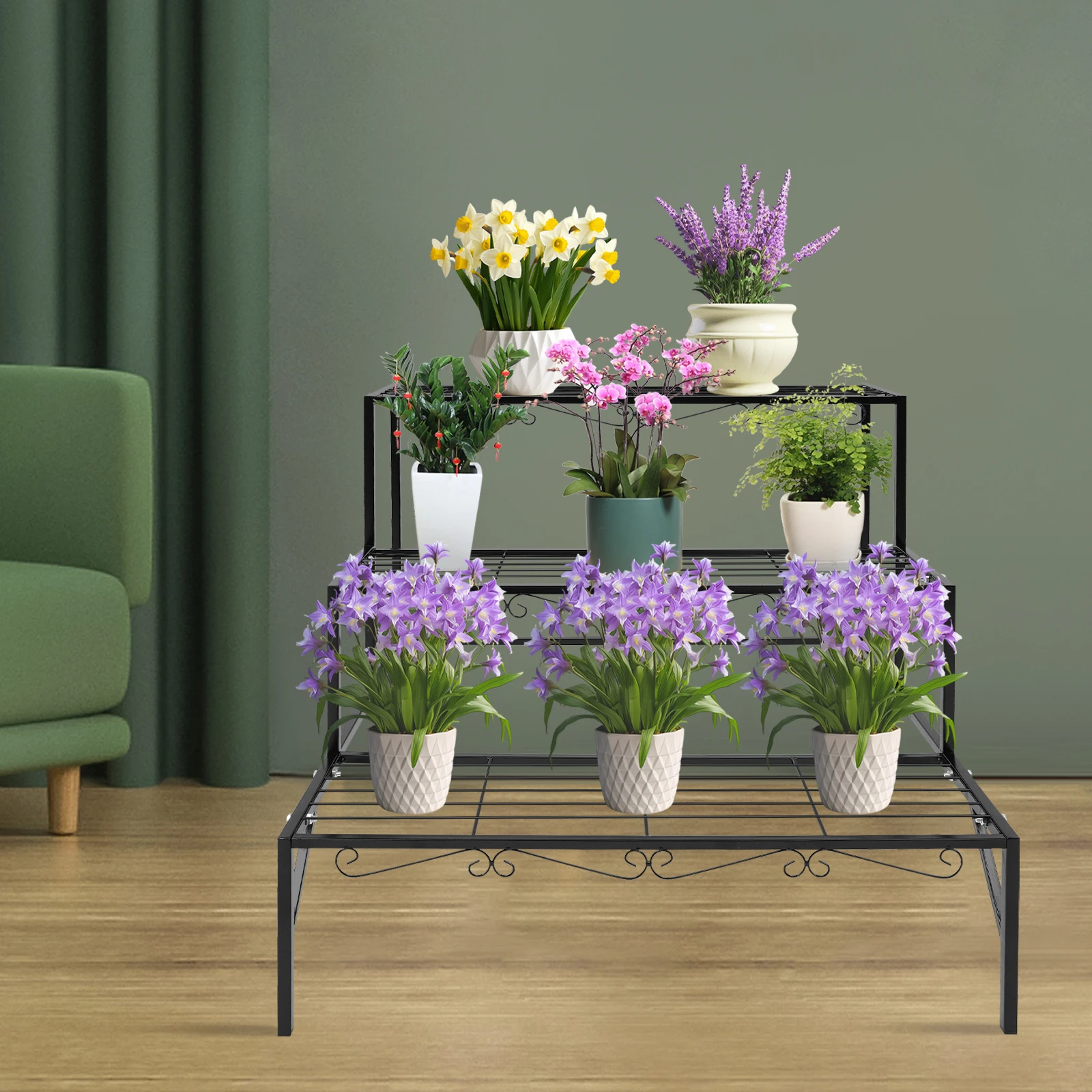 Blumen-Treppenständer 70*58*60cm 3-stufiger Metall-Pflanzenständer Blumenständer mit 3 Ebenen Freistehender Pflanzenständer für Balkon Image