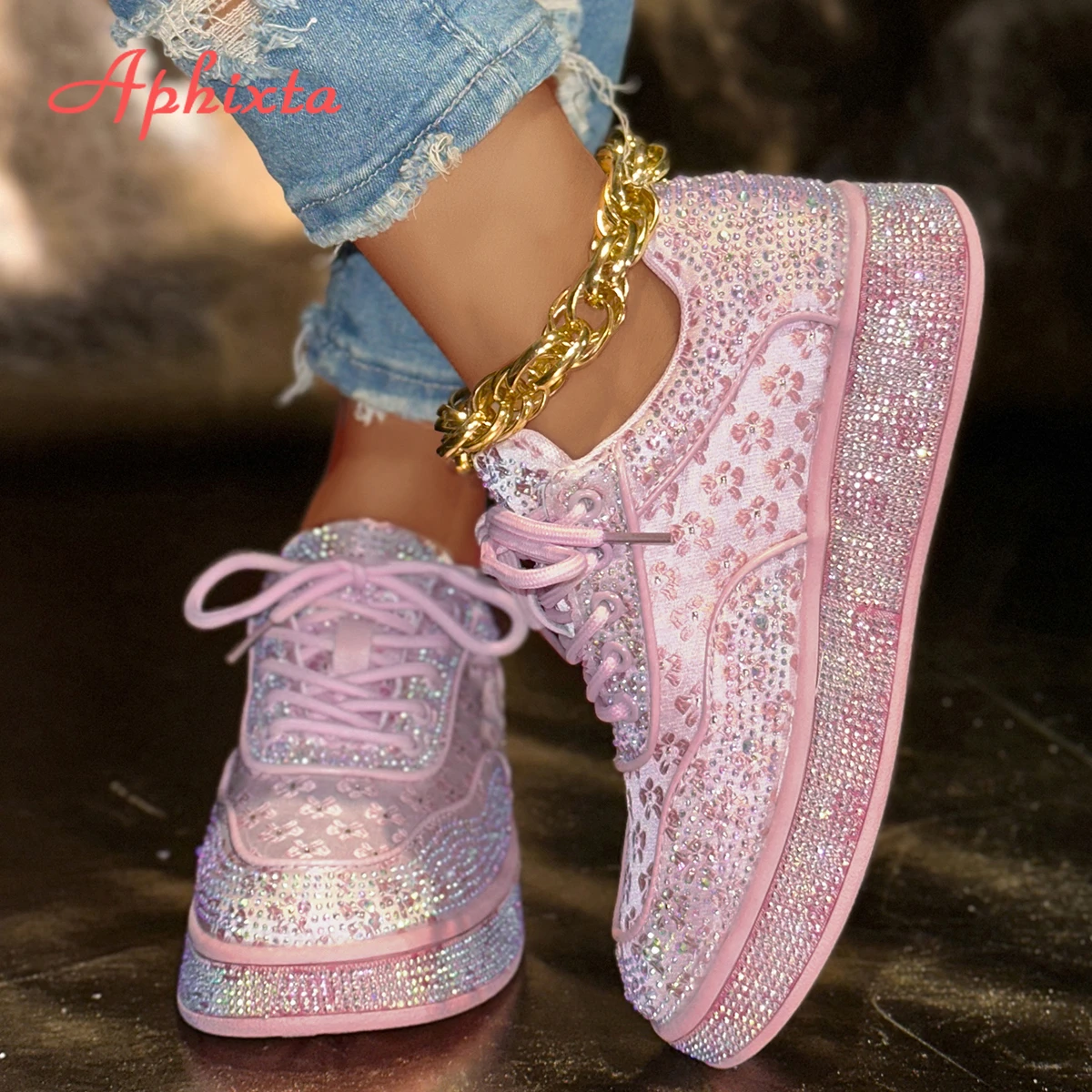Aphixta Neue Luxus Kristalle Rosa Blume Wohnungen Frauen Benutzerdefinierte Casual Schuhe Lace Up Plattform Weibliche Turnschuhe Strass Frauen Schuhe