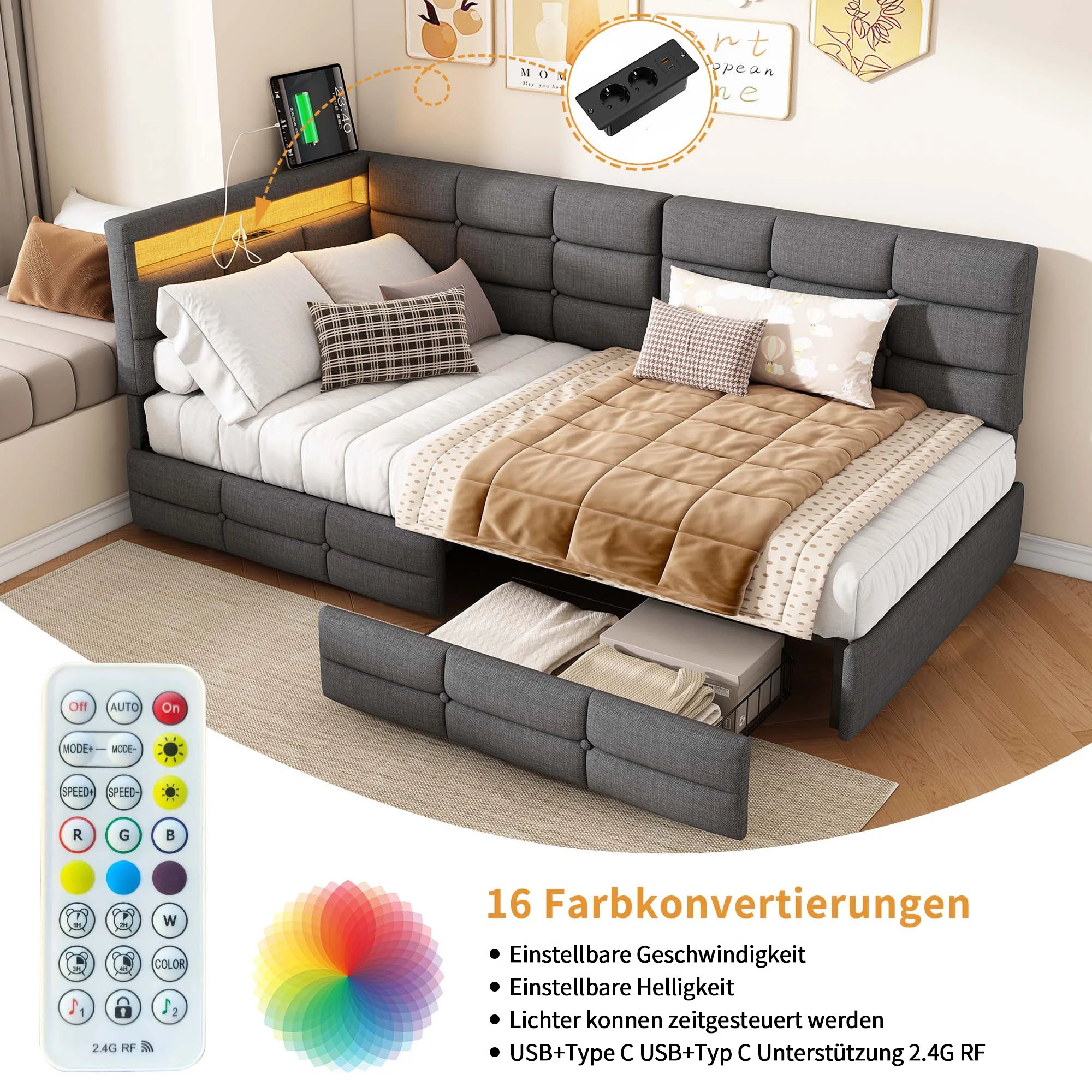 Rosahqnda gepolstertes Schlafsofa 90 x 200 cm, mit LED-Beleuchtung und USB, hydraulisches Einzelbett, Jugendbett, Schubladenbett, Samt-/Leinenstoff Image