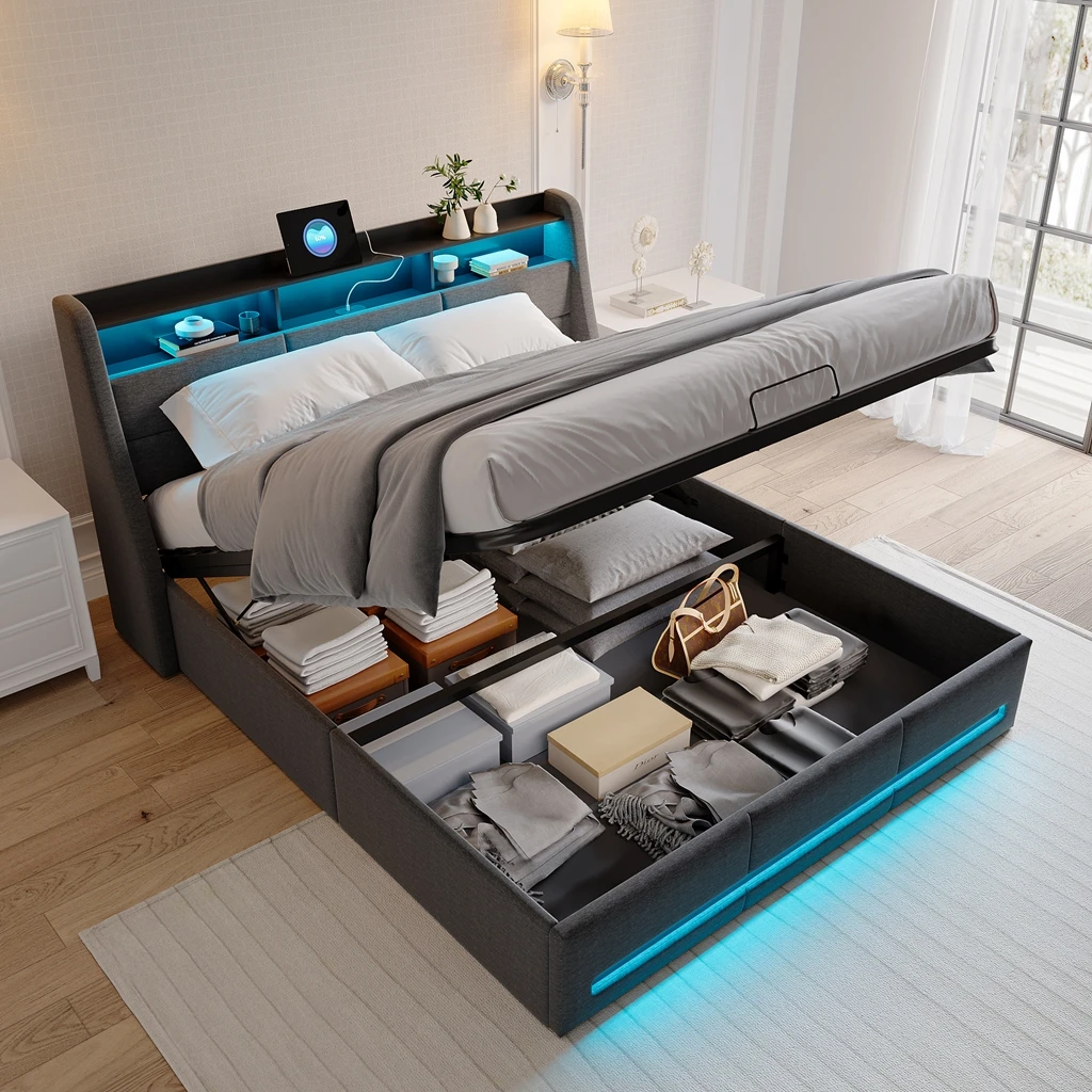 Betttruhe 140x200 mit Stauraum, doppelt gepolstertes Bett mit LED und USB, Bettgestell mit Kopfteil-Stauraum, ohne Matratze