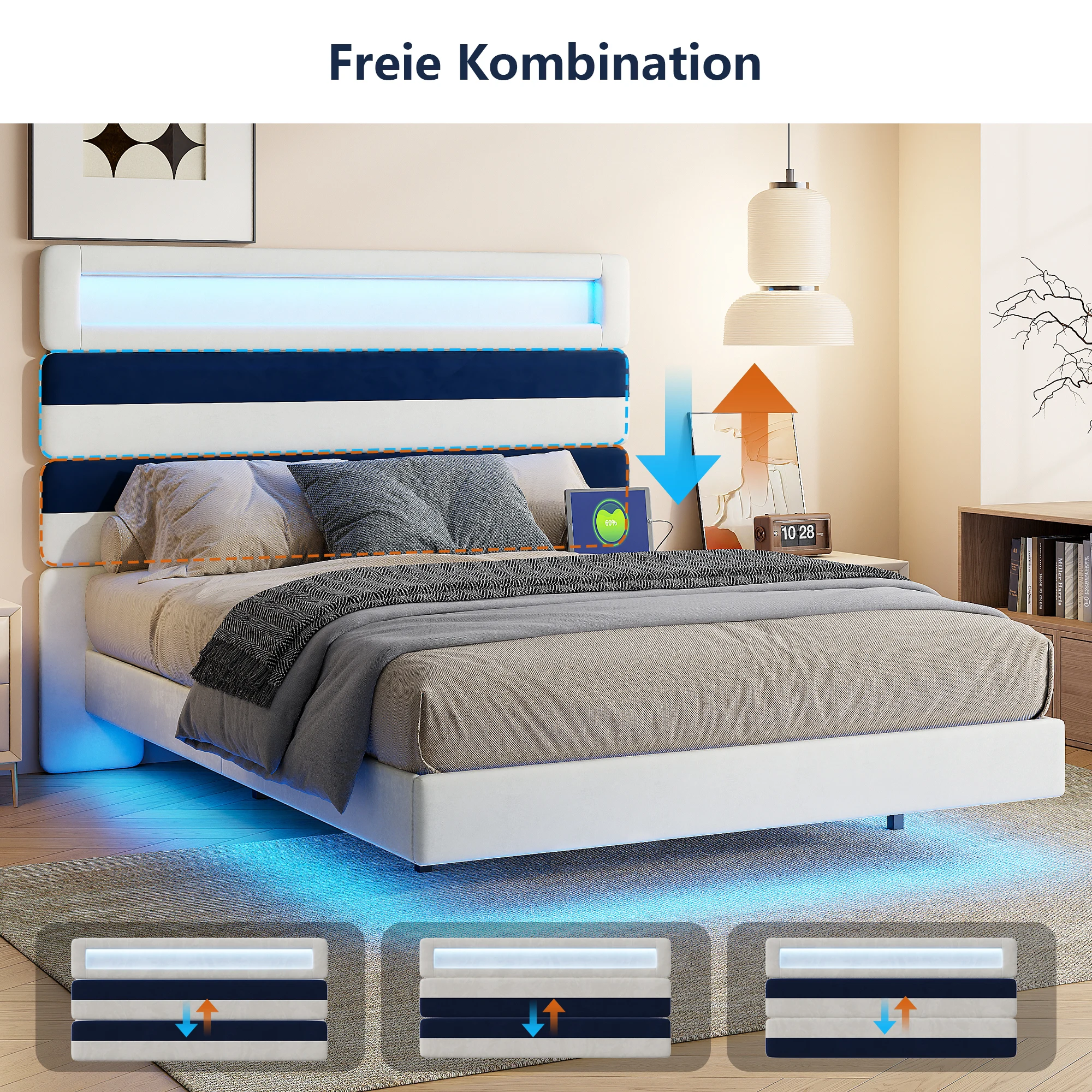 Anajqaqia 140×190/160×200 cm gestreiftes Bett mit Ladestation und LED-Beleuchtung, verstellbare Holzlatten für Doppelbetten im Schlafzimmer Image