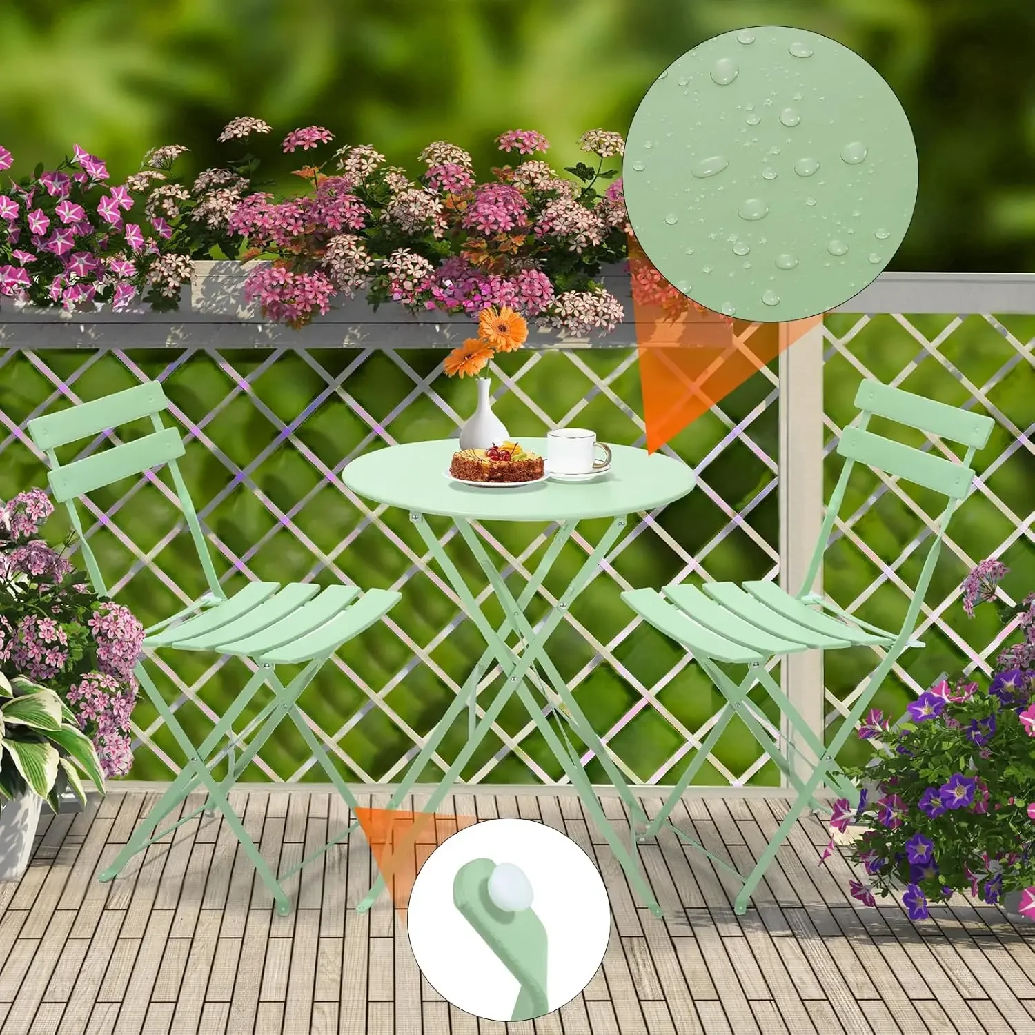 Gartenmöbel, Terrassen-Set, Bistro-Tisch-Set, 3-teilig, Stahltisch und Stühle, klappbares Bistro-Set für Rasen, Balkon, Hinterhof, Hof