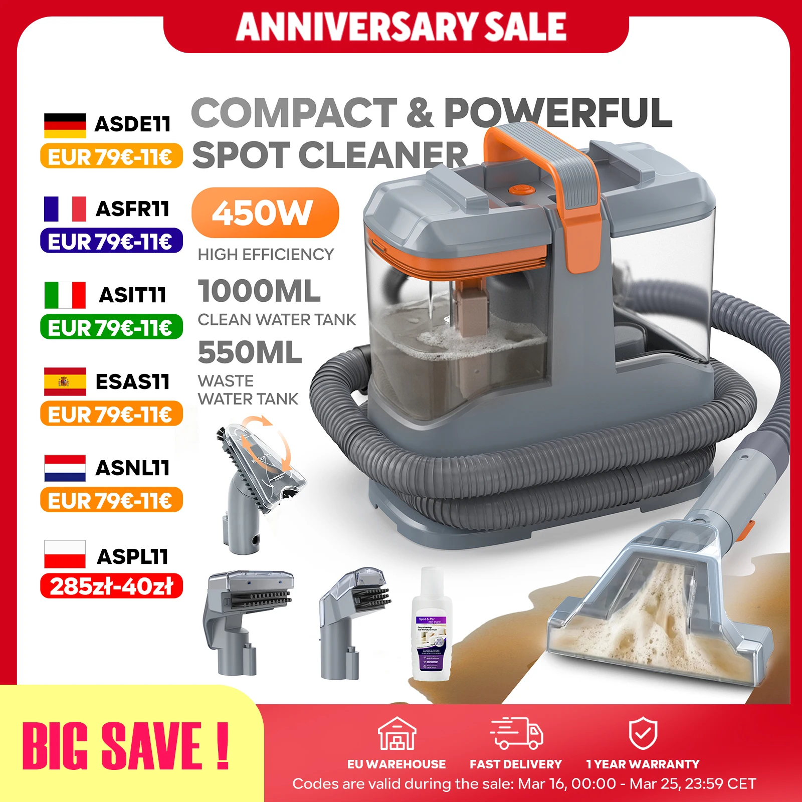 C9S Tragbare Teppichreinigermaschine 13kPa 450W, Polsterreiniger Waschsauger für Auto Sofa, Starker Fleckenentferner gegen Tierhaare mit 3 Bürsten Image