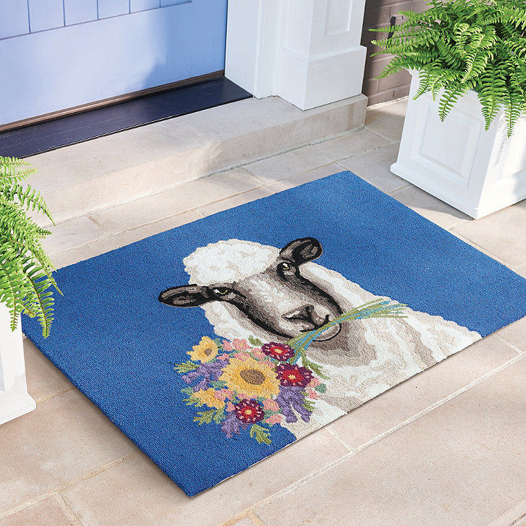 Prairie Sheep Hooked Door Mat - Blue - Grandin Road