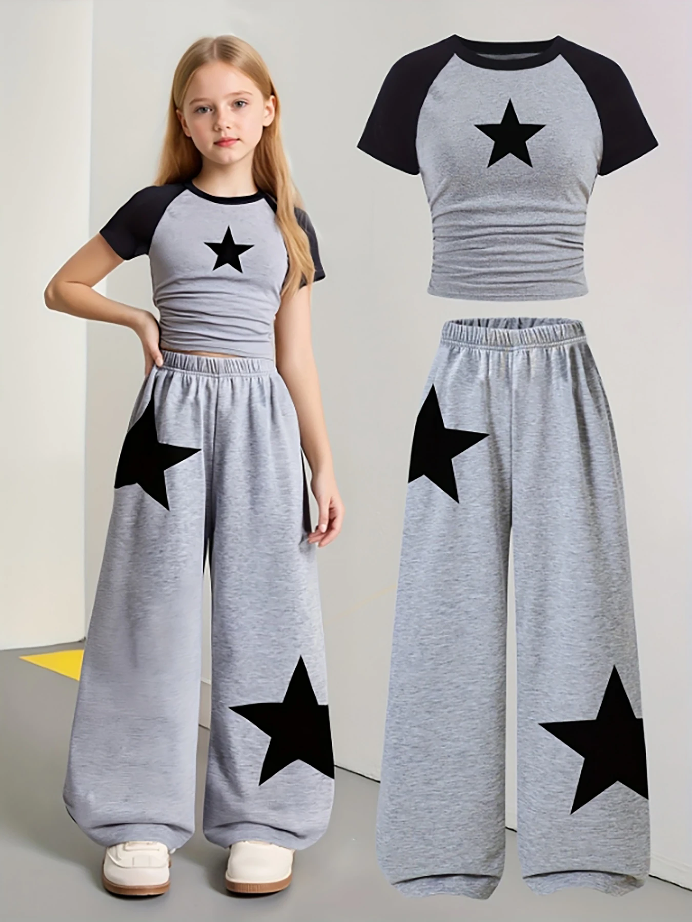 Trendige Artikel für Mädchen, Mädchenbekleidung, 2-teiliges Mädchen-Outfit, Schulanfangskleidung, Sternmuster, graue Jogginghose mit weitem Bein, American Football, Volleyball, Thanksgiving, Image