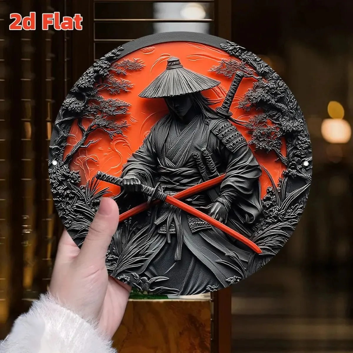 1 Stück 2D-Wandkunst aus flachem Metall mit Samurai-Motiv, rote Sonne – japanischer Kriegergeist, runde Hängedekoration für Zuhause und Büro Image