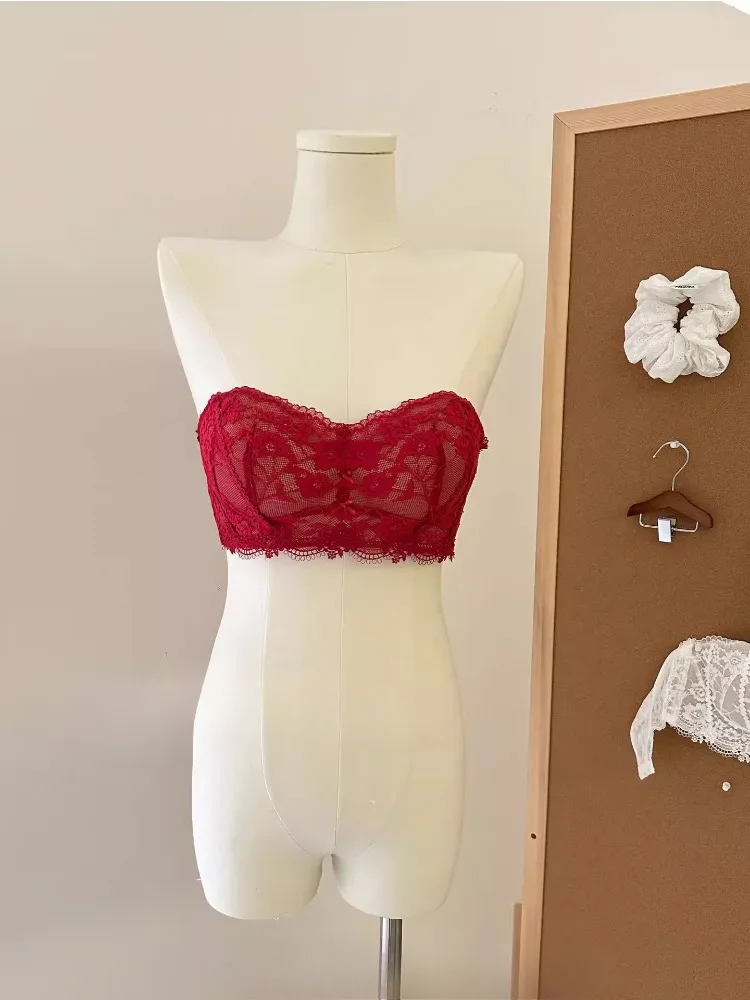 YEMOMO Französischer Luxus-Spitzen-BH ohne Träger, unsichtbar, rückenfrei, AB, 1,5 cm, Baby-Baumwolle, gepolstert, süß, vielseitig, rutschfest, Tube-BH-Kleid
