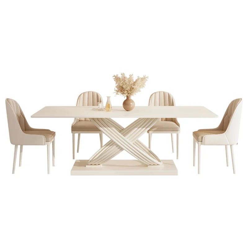 Zeitgenössisches Luxus-Esstisch-Set mit Rechteckiger Marmorplatte und Stühlen für 4-6 Personen Weiße Metallmöbel für das Esszimmer