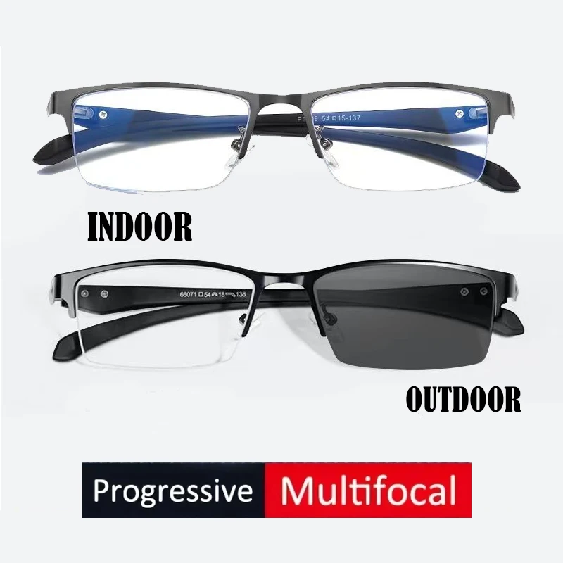 Photochrome Progressive Lesebrille mit halbem Rahmen für Herren, Nah-Fern-Doppelzweck-Multifokal-Lesebrille, Anti-Blue-Ray-Brille Image
