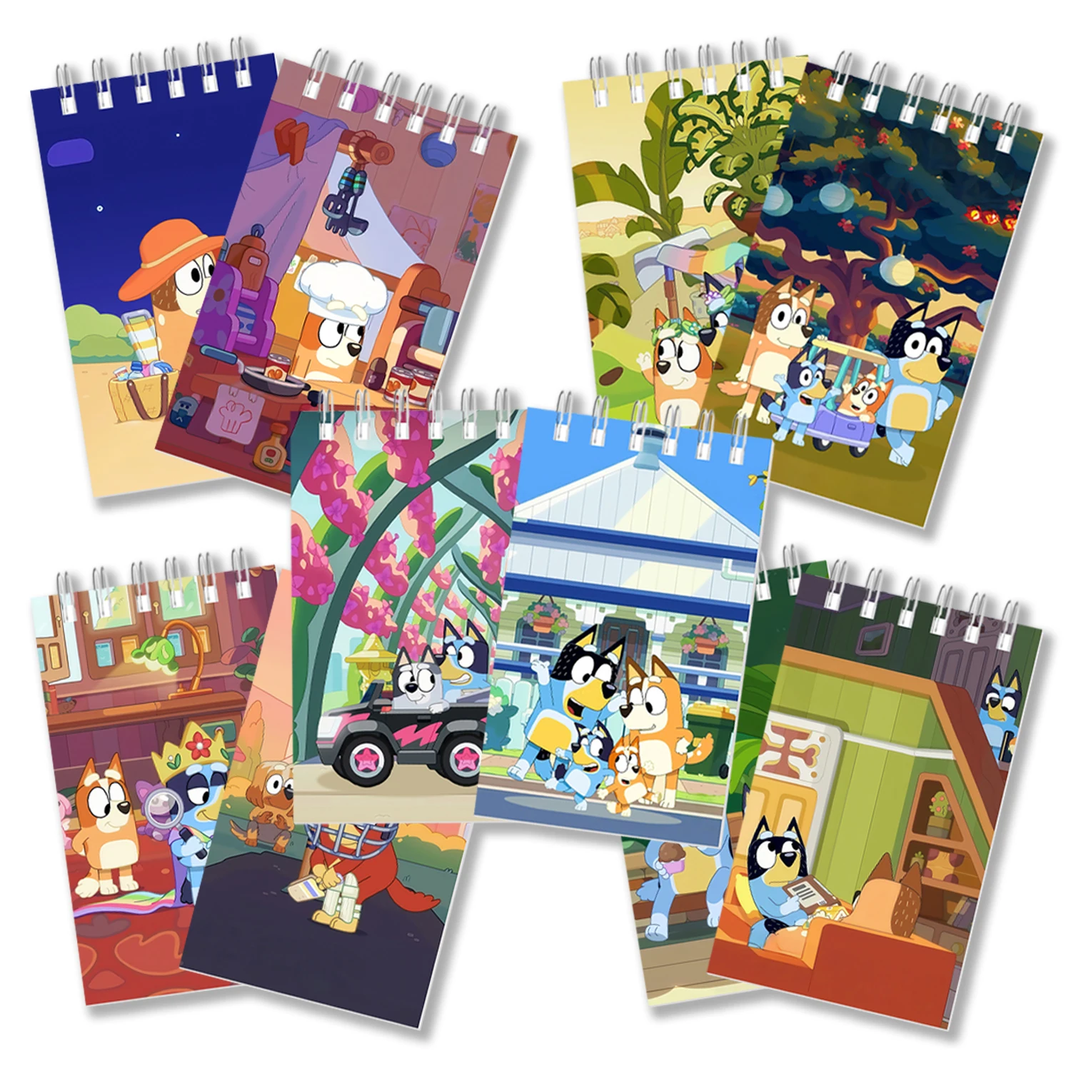 10 Stück, dunkelfarbige Notizbücher mit Bluey-Cartoon-Motiv zum Lernen, kreativen Schreiben, Notizen machen und für Besprechungsaufzeichnungen. Image