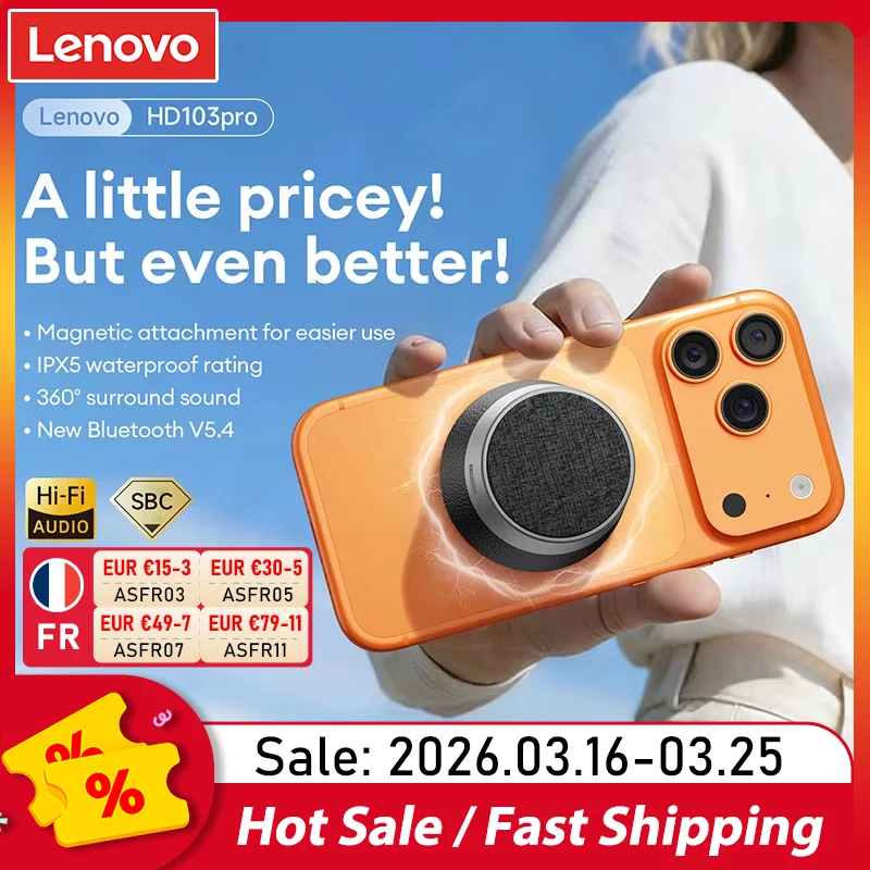 Enceinte Bluetooth magnétique portable Lenovo HD103Pro Mini V5.4, enceinte sans fil 360° ° Support de téléphone étanche IPX5 avec son surround