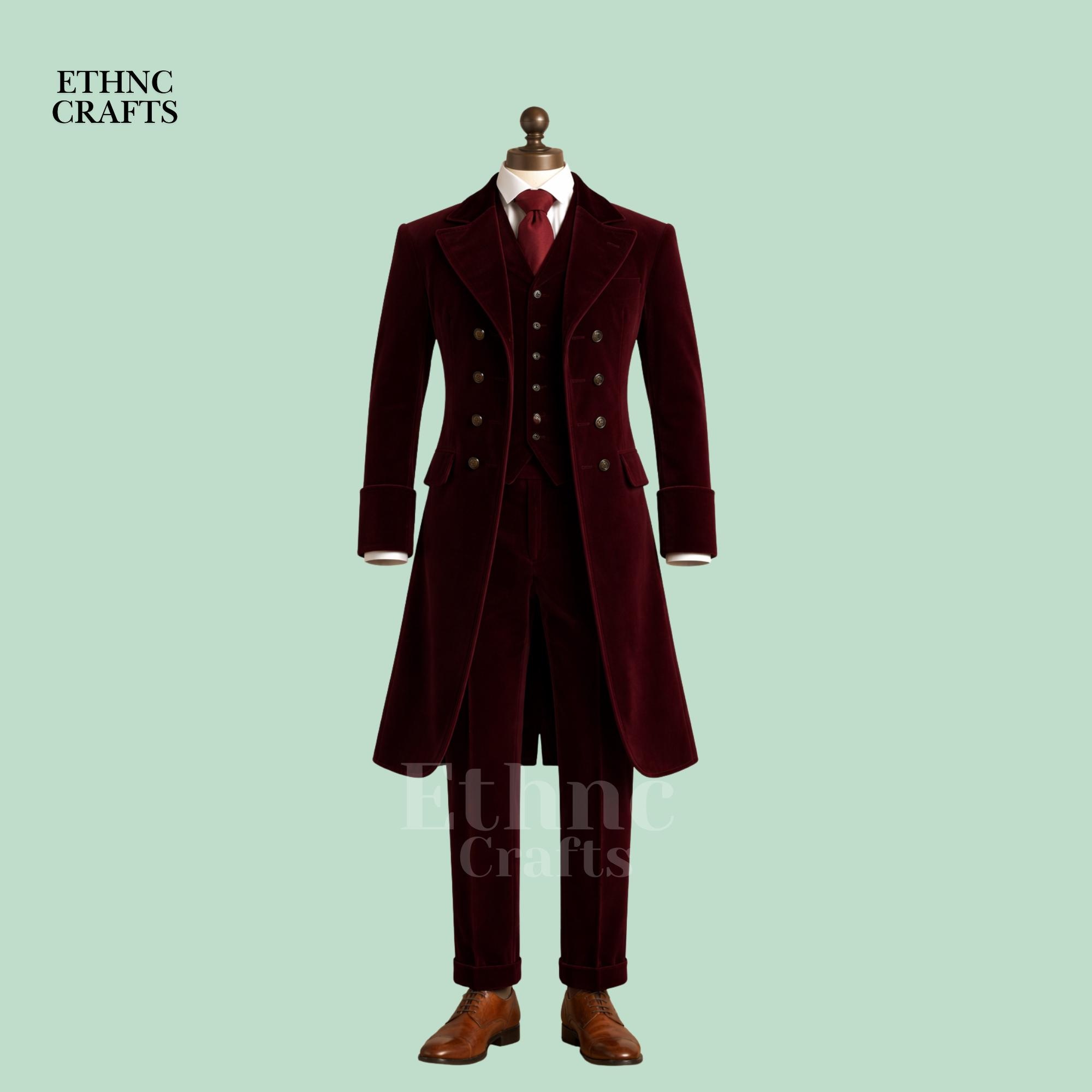Abito lungo in velluto bordeaux vittoriano per uomo, abito formale in stile Regency in stile gotico, composto da 3 pezzi, abito vittoriano e gotico fa