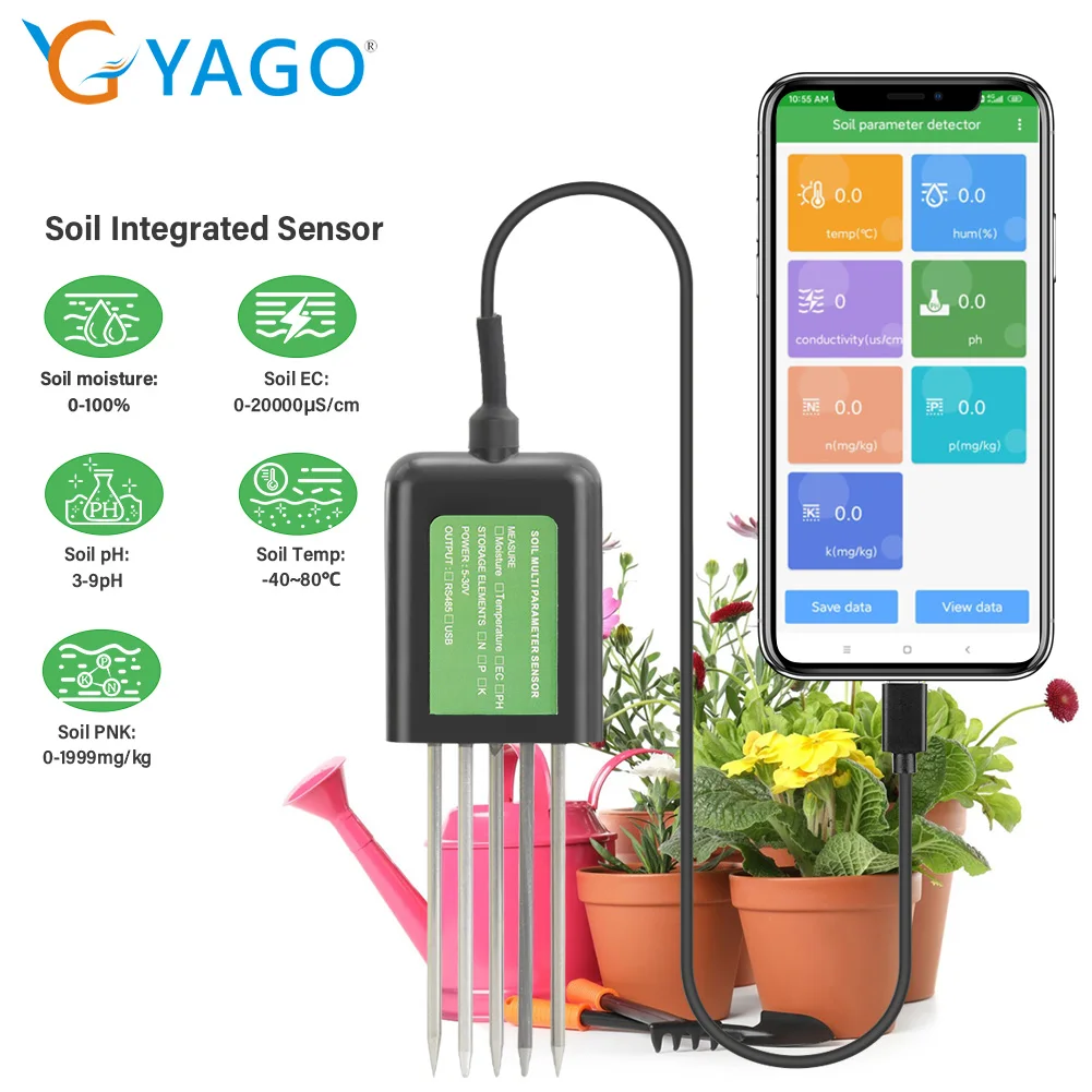 YAGO Bodensensor pH EC Feuchtigkeitsmesser für die Landwirtschaft Boden NPK Tester für Android USB App 7-in-1 Boden Nährstoffdetektor Image