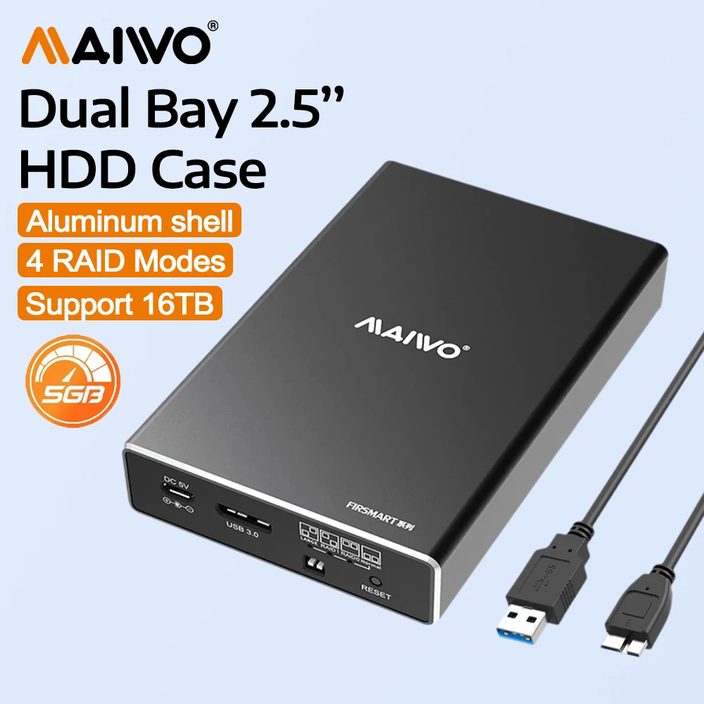MAIWO Dual-Bay 2,5-Zoll SATA SSD/HDD RAID-Gehäuse mit 4 RAID-Funktionen für 2,5-Zoll-SSD-HDD-Boxen, Festplatten-Array-Box Image