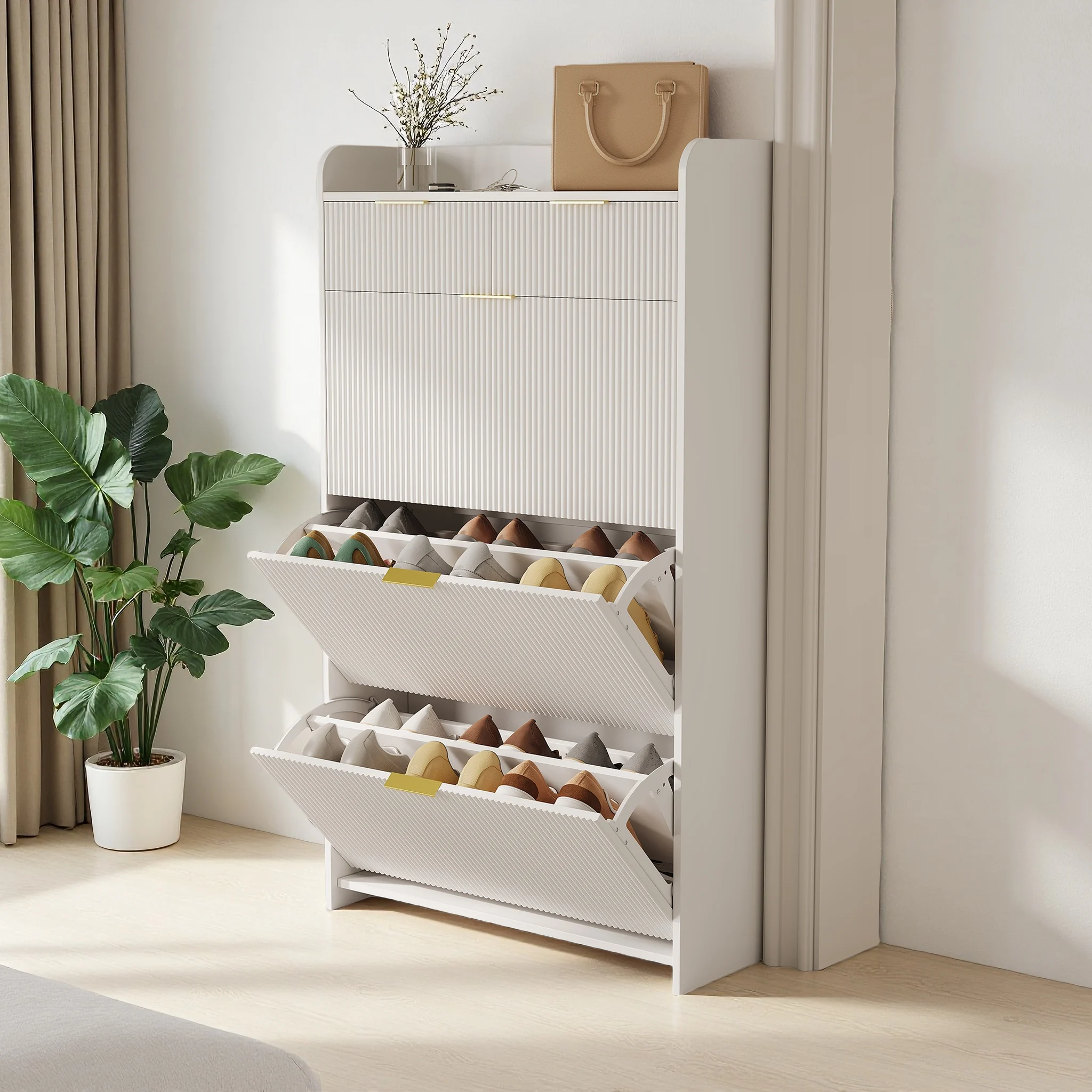 Comanlai Weißer Schuhschrank mit 3 Klapptüren und 2 Schubladen, Schmaler Schuhregal, Holz-Schuhschrank für Eingangsbereich, Flur, Schlafzimmer