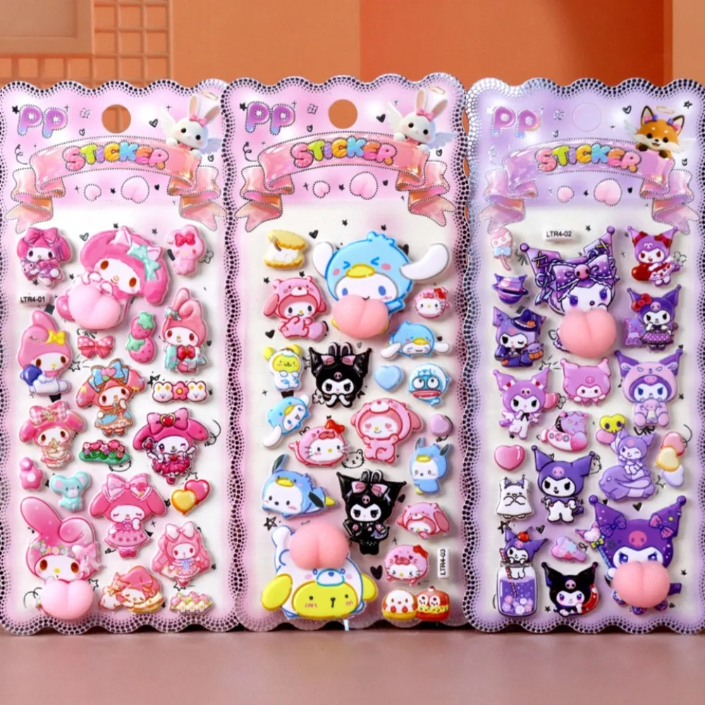 3er-Set lustige, kreative Sanrio Happy Buttocks Aufkleber – Kuromi & Melody weiche, zusammendrückbare Dekompressionsspielzeug-Sticker für Telefon, Notizbuch, Laptop Image