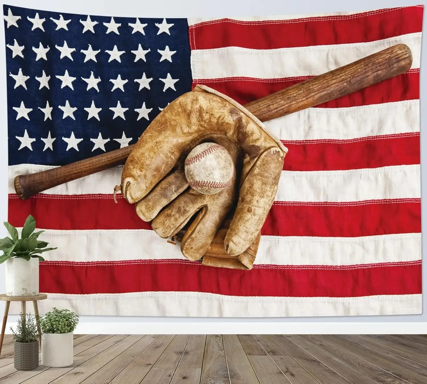 Sport-Wandteppich mit Baseballhandschuh, Schläger und amerikanischer Flagge für Schlafzimmer, Wohnzimmer, Studentenwohnheim und Partydekoration Image