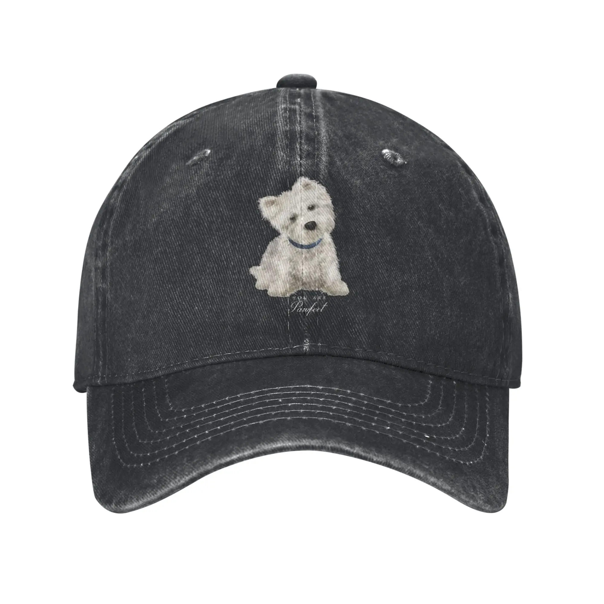Weiße Terrier-Hunde-Baseballkappe, Vintage-Snapback-Kappe aus gewaschenem Baumwoll-Denim, Retro-Trucker-Mütze, Unisex, verstellbare Sonnenblende