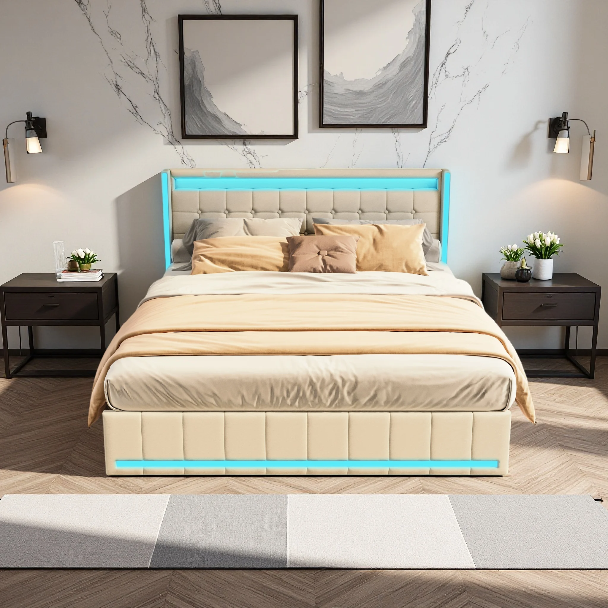 Comanlai Polsterbettgestell 140x200/140x190 cm Leinen-Doppelbett mit LED-Beleuchtung, 4 Aufbewahrungsschubladen und USB-Anschluss, ohne Matratze