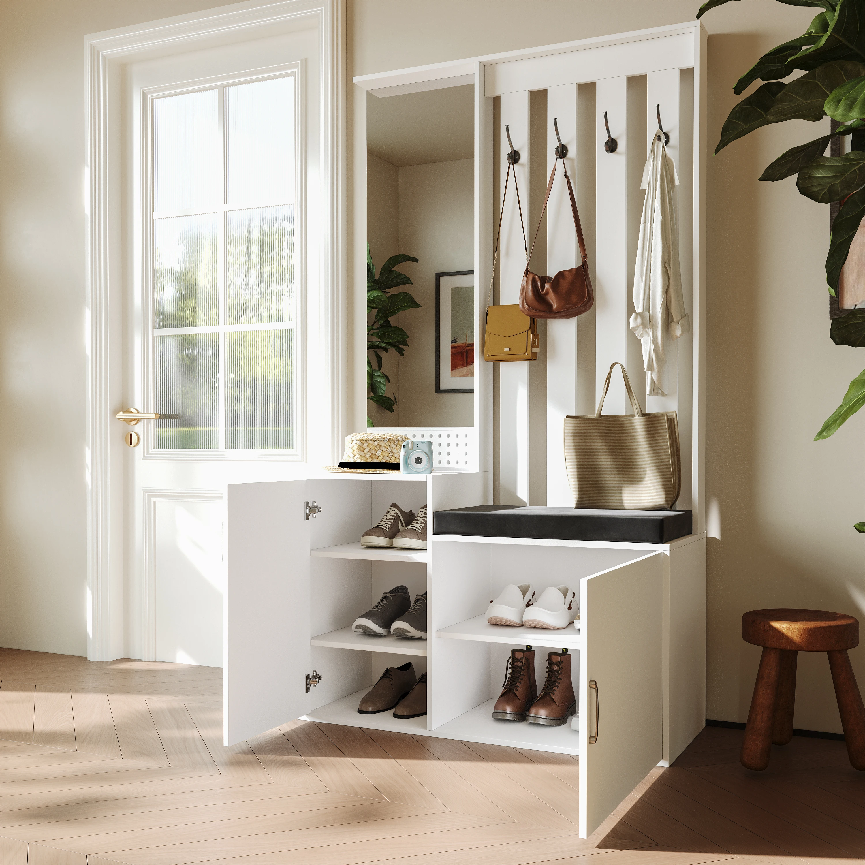 Comanlai Garderobenständer mit Haken, Schuhbank, Schuhschrank, Langspiegel, Freistehender Kleiderständer für Schlafzimmer, Eingangsbereich, Flur