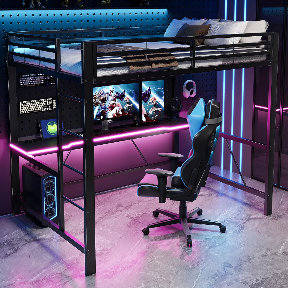 Modernes Metall-Gaming-Hochbett mit LED-Beleuchtung, USB-Ladestation & Integriertem Schreibtisch, Multifunktionales Jugendbett Image