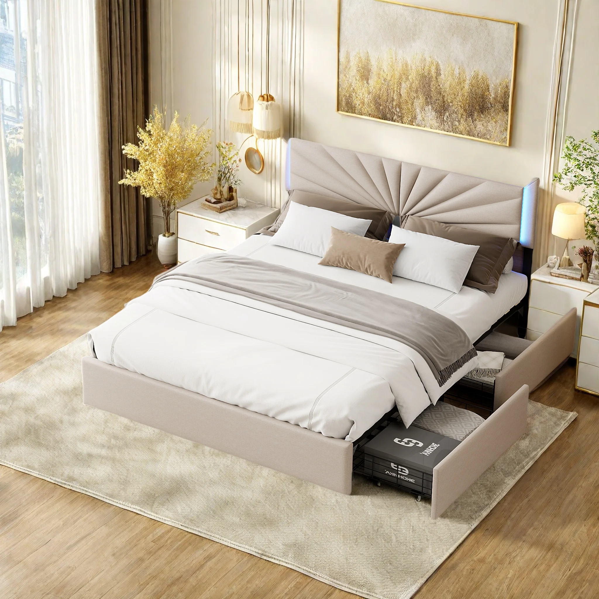 Superaly140x200cm Gepolstertes Doppelbett mit Lattenrost, Stauraum und 4 Schubladen, LED-Kopfteil, Leinen, Beige Image