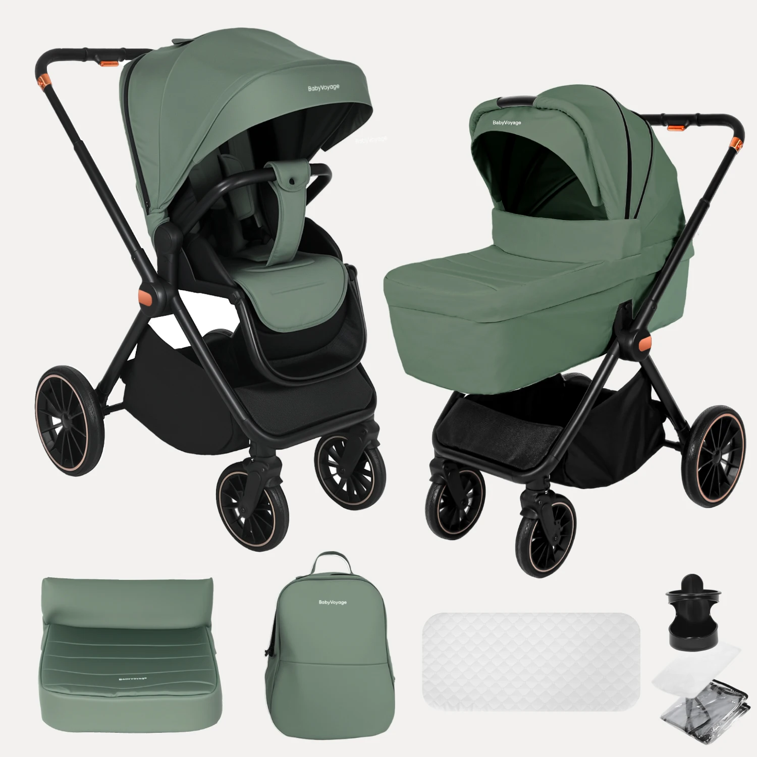 Babyvoyage 4-in-1 Grünes Multifunktionales Baby-Reisesystem Leichter Klappbarer Kinderwagen mit Autositz für Babys Image