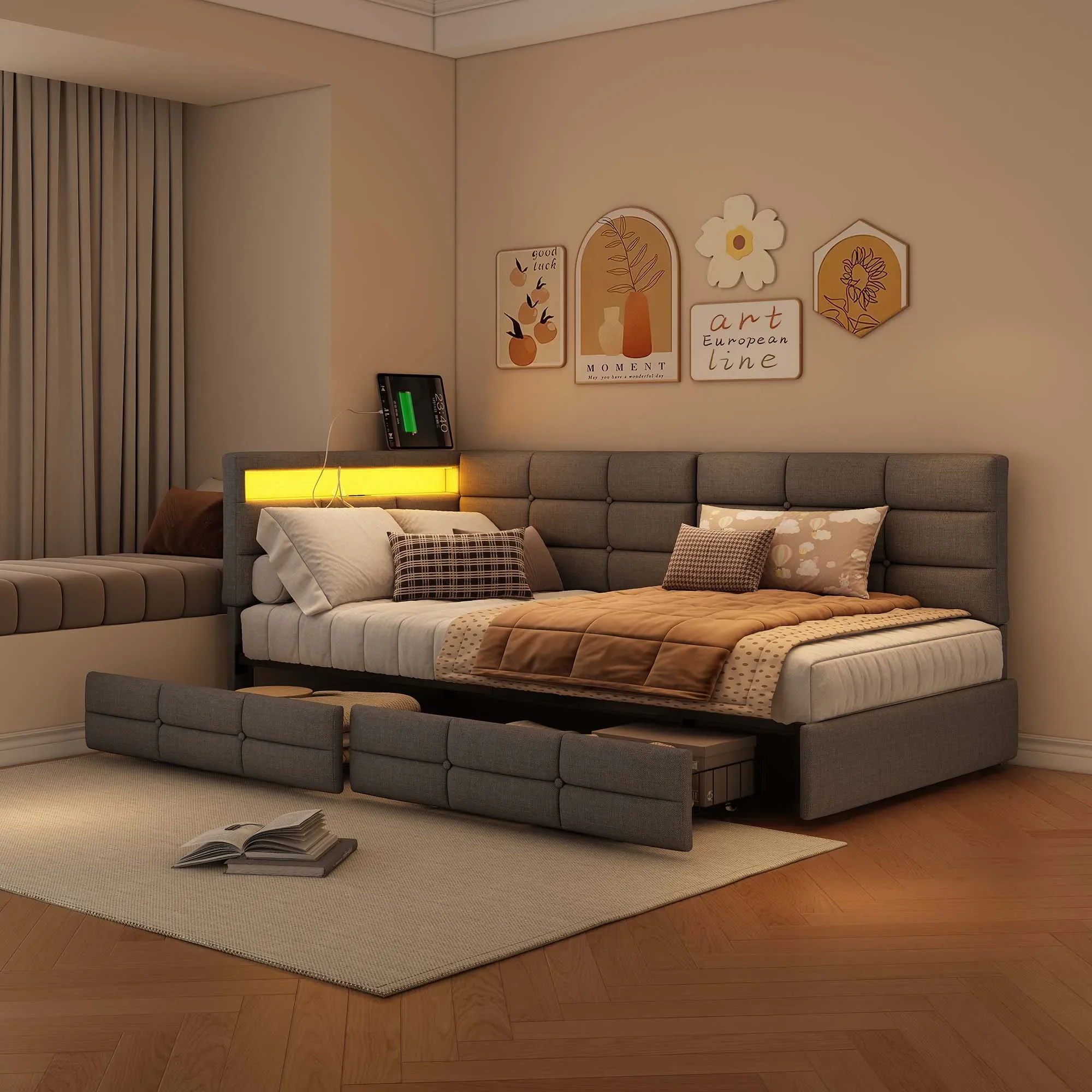 Gepolstertes Tagesbett, Schlafsofa 90 x 200 cm mit 2 Schubladen, Jugendbett mit LED-Beleuchtung und USB-Ladestation Image