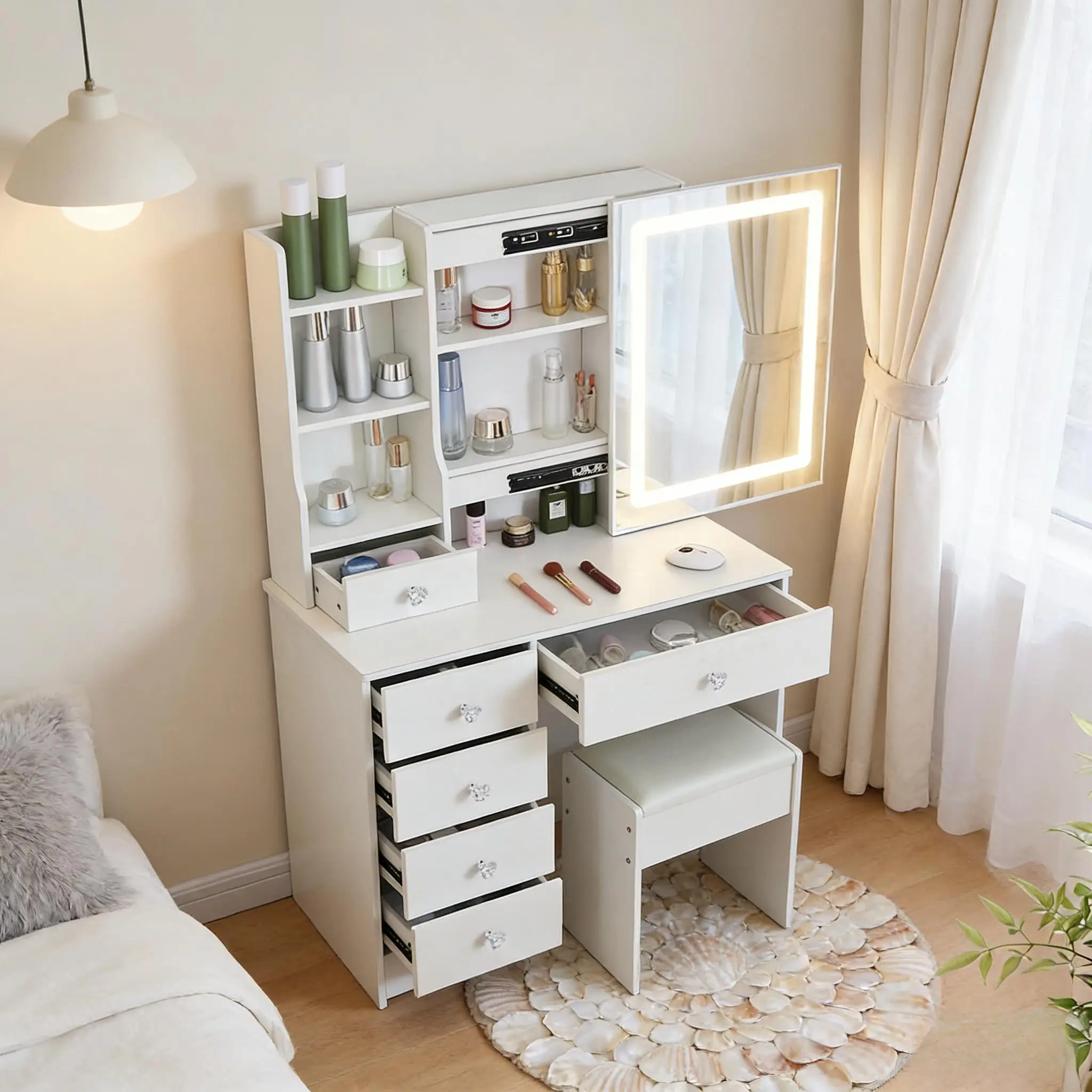 Teousev Schminktisch mit 3-Farben Dimmbarem LED-Spiegel, Schubladen, Regal & Hocker Modernes Schlafzimmer