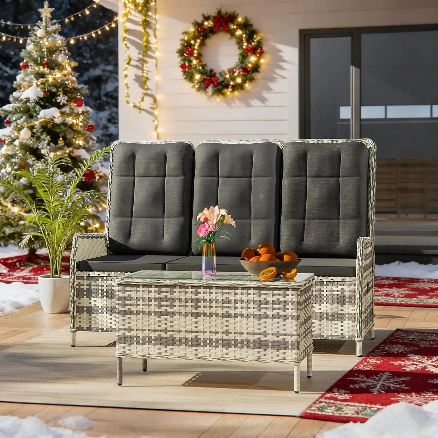 3-Sitzer-Gartenmöbel-Set aus Rattan mit 118 ° Rückenlehne, verstellbar, Outdoor-Lounge aus wasserfestem Polyrattan, individuell gestaltet