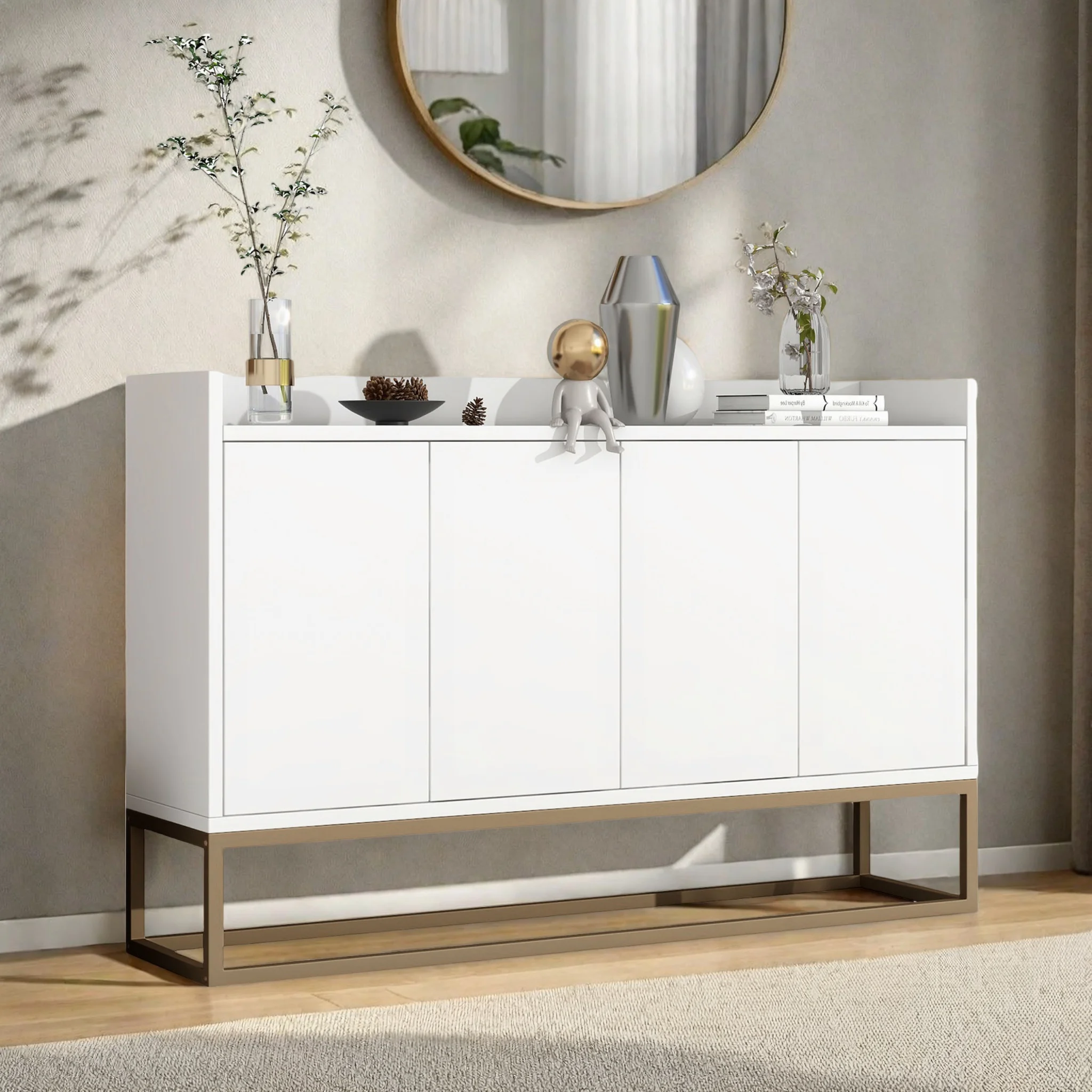 Comanlai Sideboard Kommode im Minimalistischen Stil, Moderner Buffetschrank mit 4 Türen, Metallbeinen, Mehrzweckschrank Image