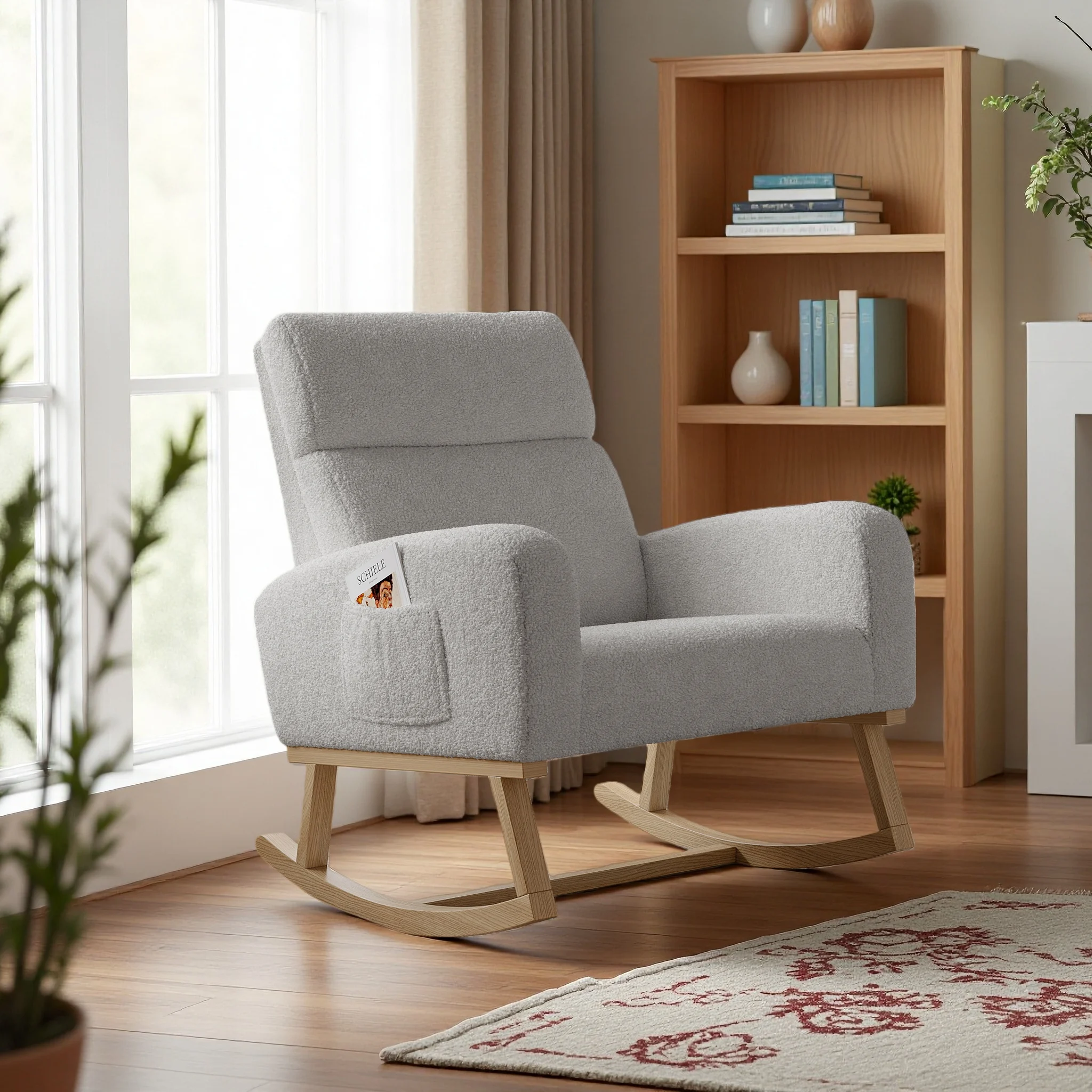 Anajqaqia Sessel, Schaukelstuhl, Loungesessel mit 2 Aufbewahrungstaschen und weicher Rückenlehne, für Balkon und Schlafzimmer, Teddy-Fleece Image