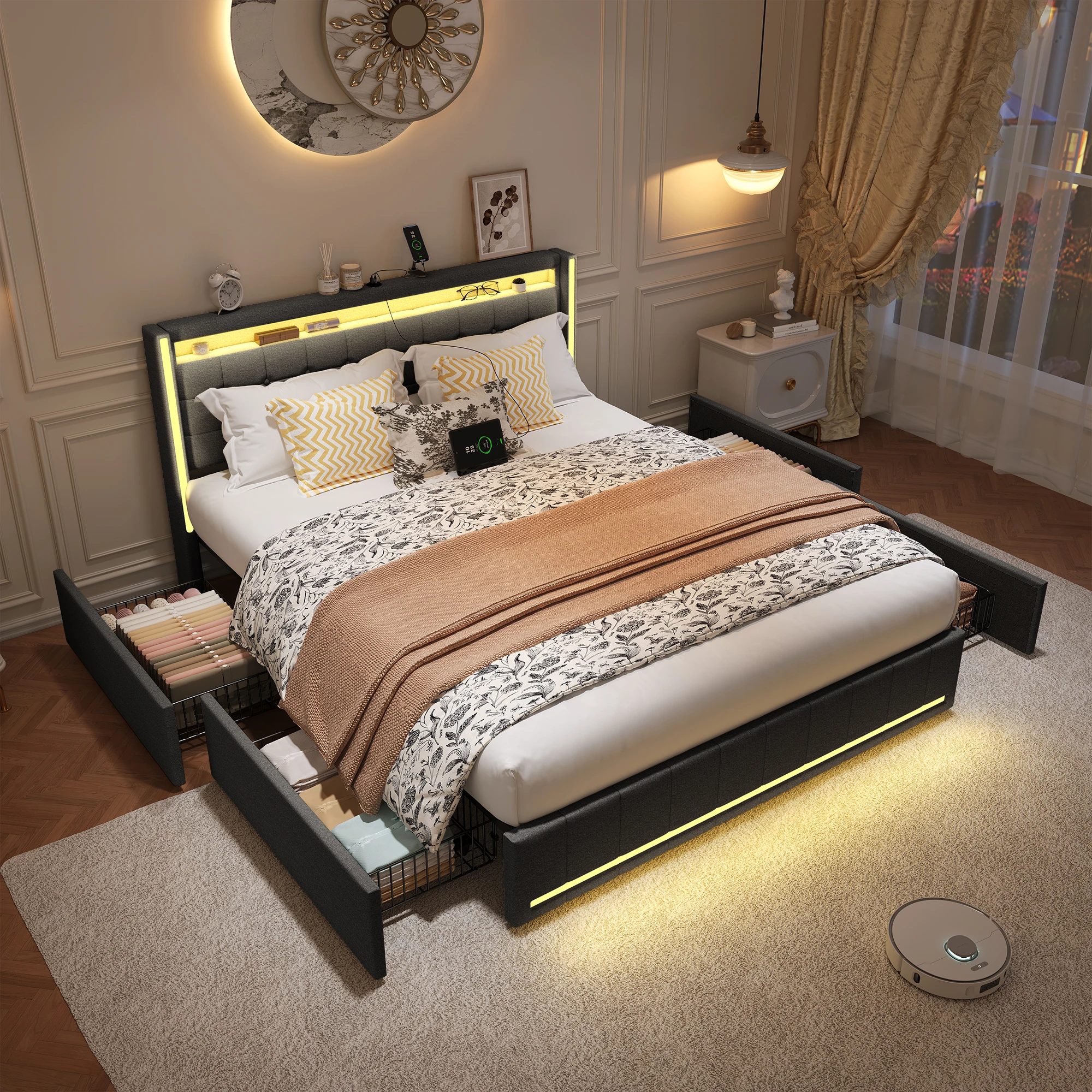 Anajqaqia 140×190/140×200/160×200 cm Polster-Doppelbett, mit LED-Kopfteil und 4 Schubladen, USB-Ladefunktion und Lattenrost Image