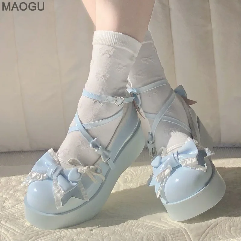 Frauen Mary Jane Schuhe Dicke sohle Gelb Blau Schöne Lolita Schuhe Nette Herz Bowknot Pumpen Höhe Zunehmende Zapatos De mujer