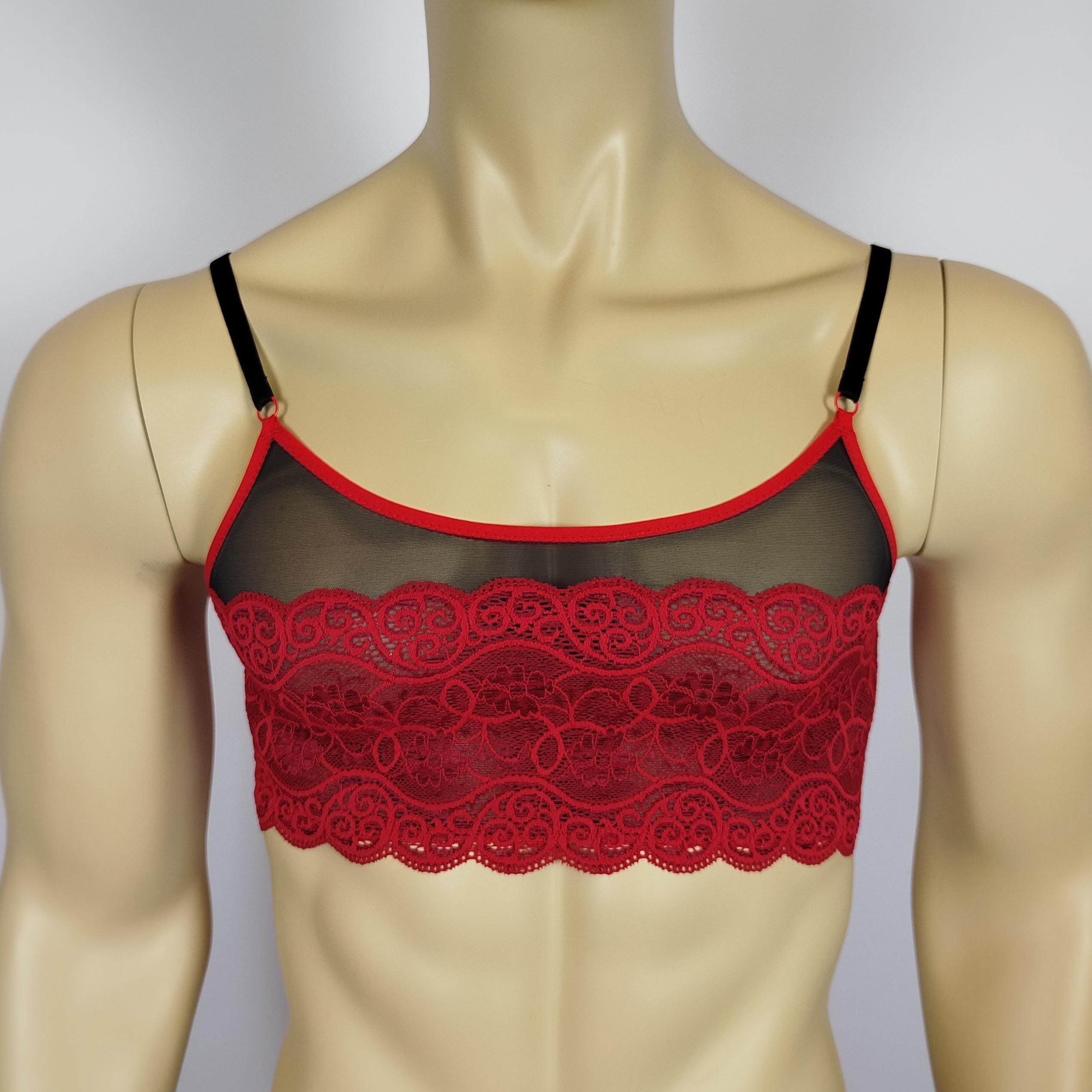 Reggiseno a triangolo in pizzo rosso e nero per uomo, reggiseno a triangolo smerlato per uomo, crossdresser, sissy, intimo per tutti i giorni