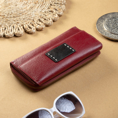 Vibrant Contrast,'Burgundy Leather Wallet and Clutch with Stitched Black Patch'