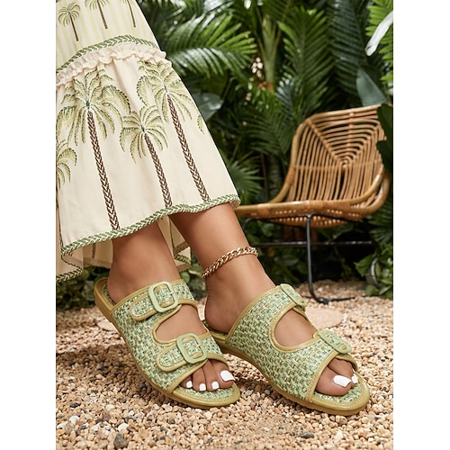 Grüne, gewebte Damen-Sandalen – flache, tropische Sandalen mit Doppelschnalle für Kreuzfahrten und Inselurlaube Strandresortkleidung Image