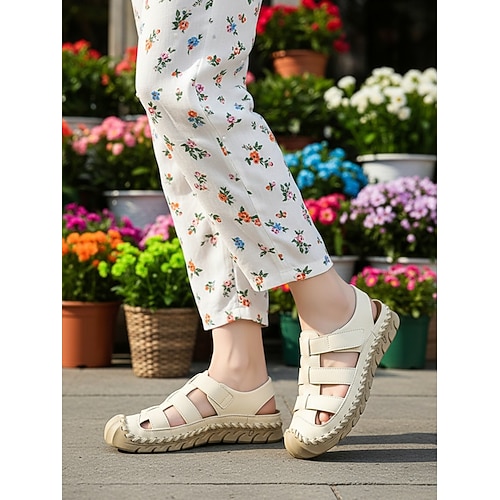 Orangefarbene, geschlossene Damen-Fischersandalen – handgenähte, bequeme Sportsandalen zum Spazierengehen, Reisen, für den Arbeitsalltag und den Alltag. Image