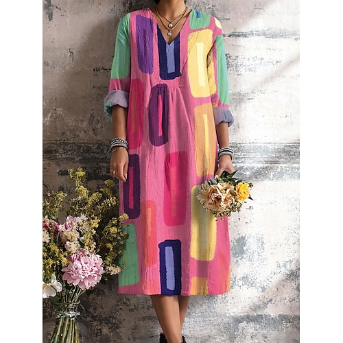 Damen Knielanges Kleid Sommerkleid A Linie Kleid Urlaub Lässig Boho Strand Party Lässiger Schnitt Grafik Geometrisch Abstrakt Langarm V Ausschnitt Rosa Purpur Grün Khaki Sommer Frühling Image