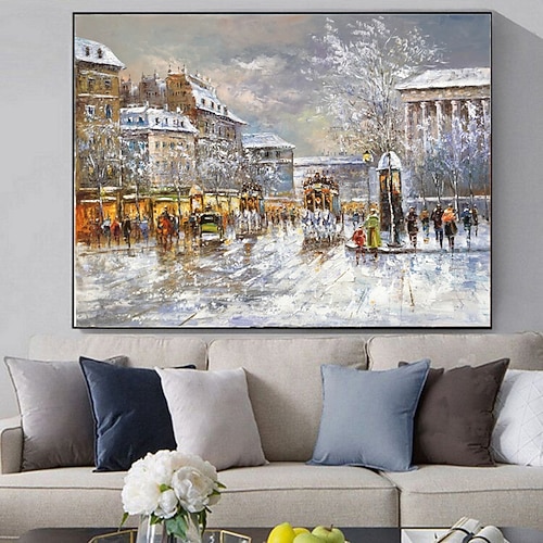 handgefertigtes Ölgemälde auf Leinwand, Wandkunst, Dekoration, Weihnachtsdekoration, Vintage-Gebäude, Straßenszene für Wohnkultur, gerolltes, rahmenloses, ungedehntes Gemälde Image